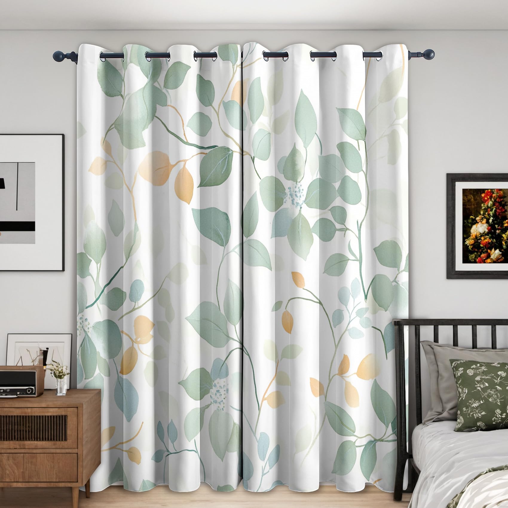 Green Leaf Blackout Curtains, 90 Drop, Leaves Botanical Printed Curtains for Living Room, Bedroom, Eyelet Drapes for Window Home Decor, 90x90 Inch 2 Panels K0A1-53