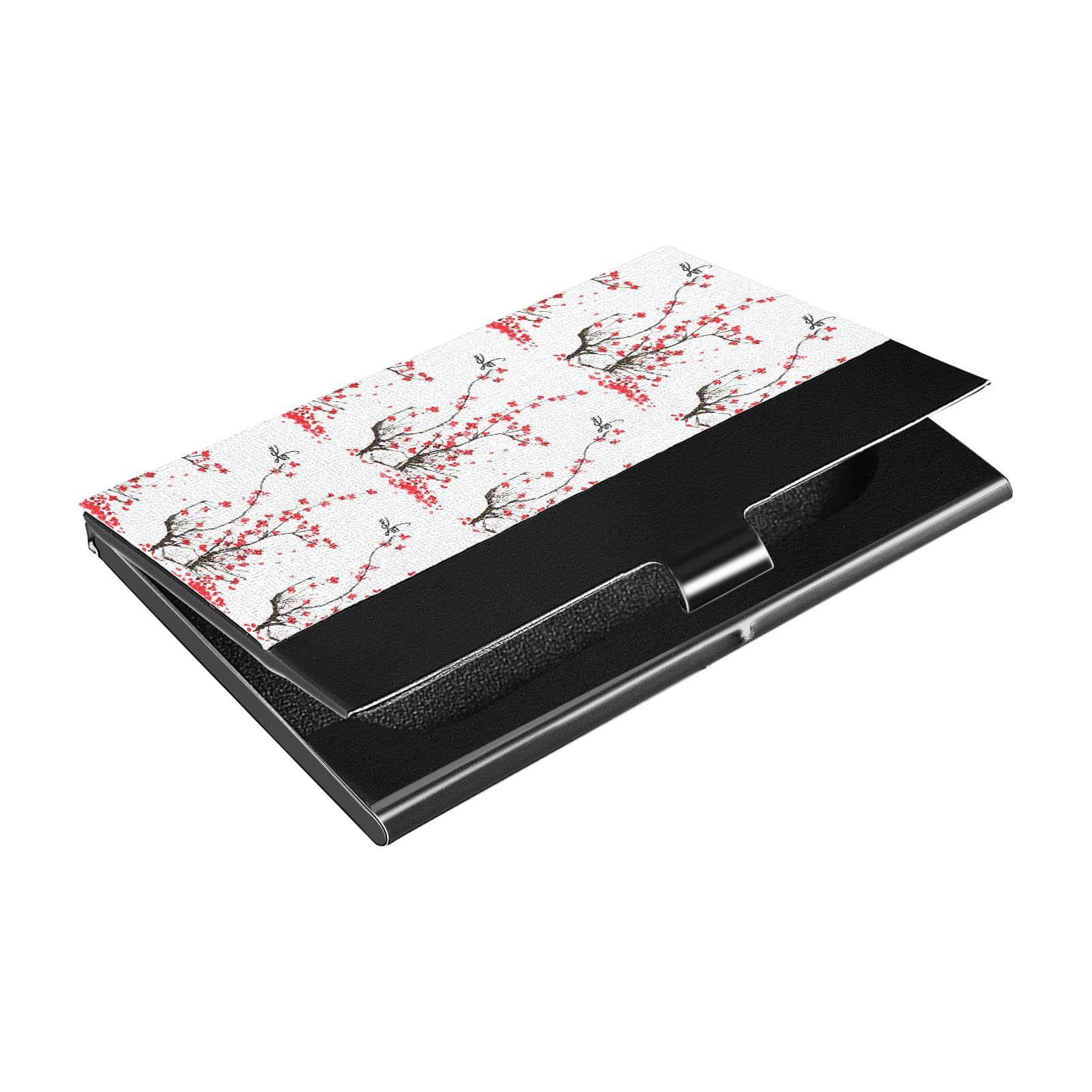 Japanese Cherry Tree Branches with Red Flowers on White Background Business Card Holder Leather, Slim Credit Card Case Stainless Steel Wallet for Women and Men Unisex Business Card Holder