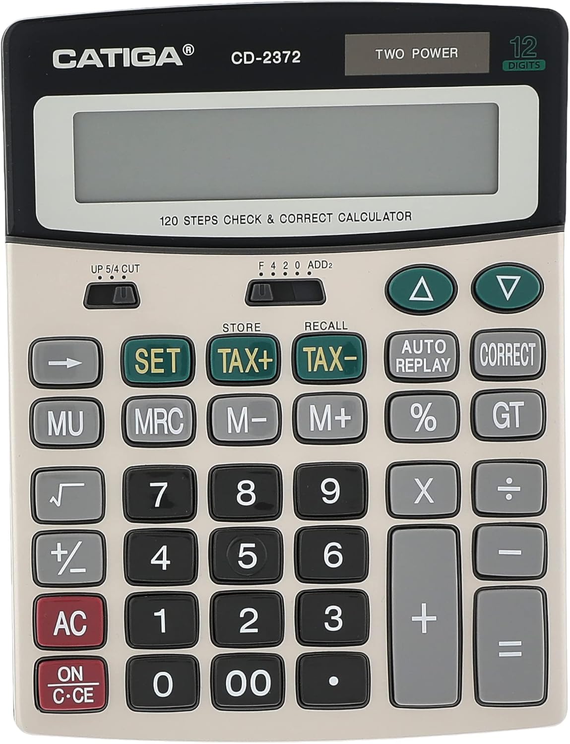 Front view of the CATIGA CD-2372 calculator showing all keys and the display.