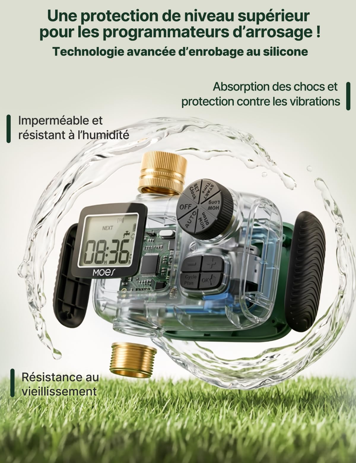 MOES Programmateur d'Arrosage Automatique 1 Voie, Minuteur d'eau avec Entrée et Sortie en Laiton, Contrôleur d'Arrosage Programmable avec Retardateur de Pluie et Mode Manuel, Nez de Robinet
