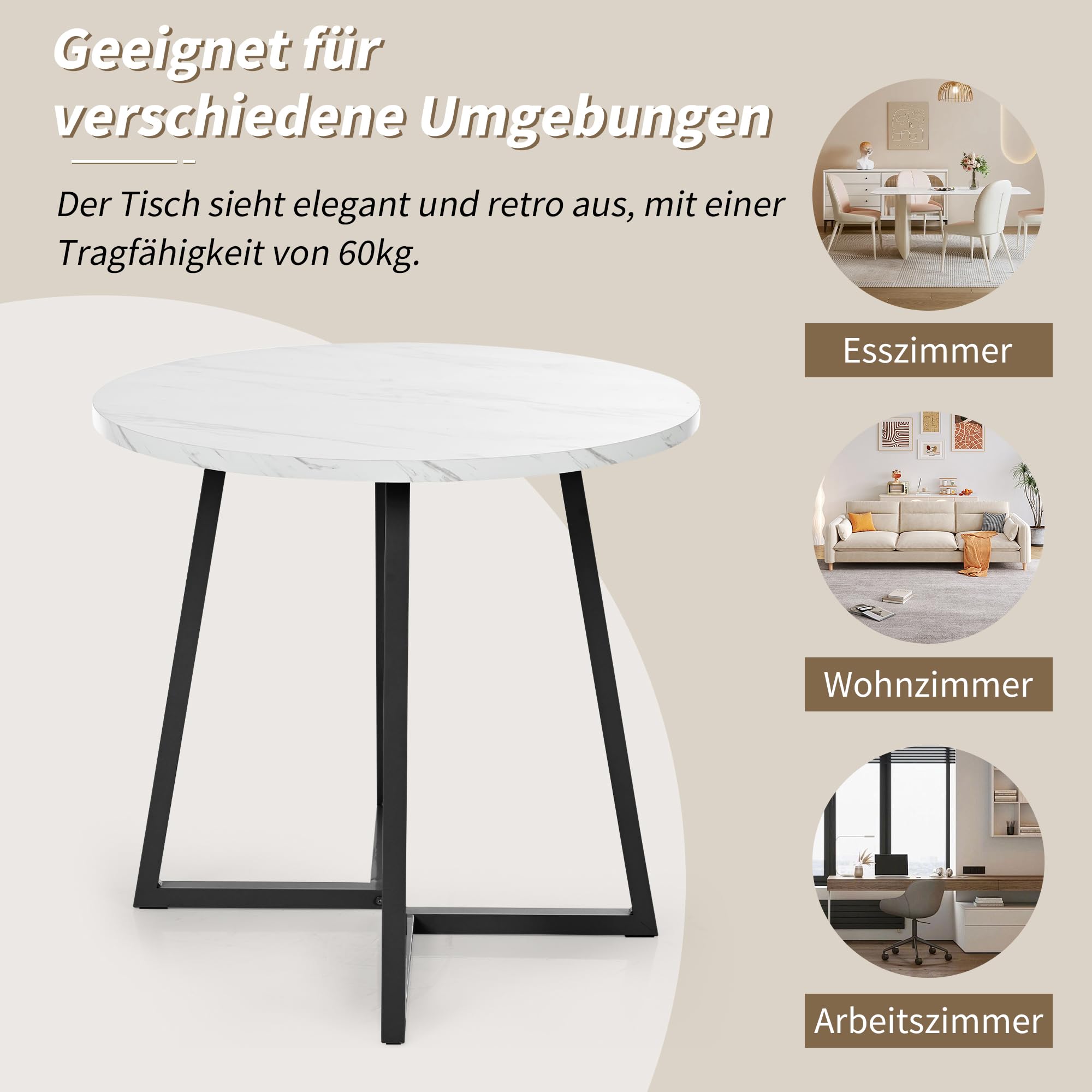 Tavolo Rotondo da Cucina in MDF con Gambe in Metallo, Tavolo da Pranzo Moderno con Motivo Marmo, per Esszimmer e Soggiorno, Bianco e Nero, Diametro 80 cm, Altezza 75 cm