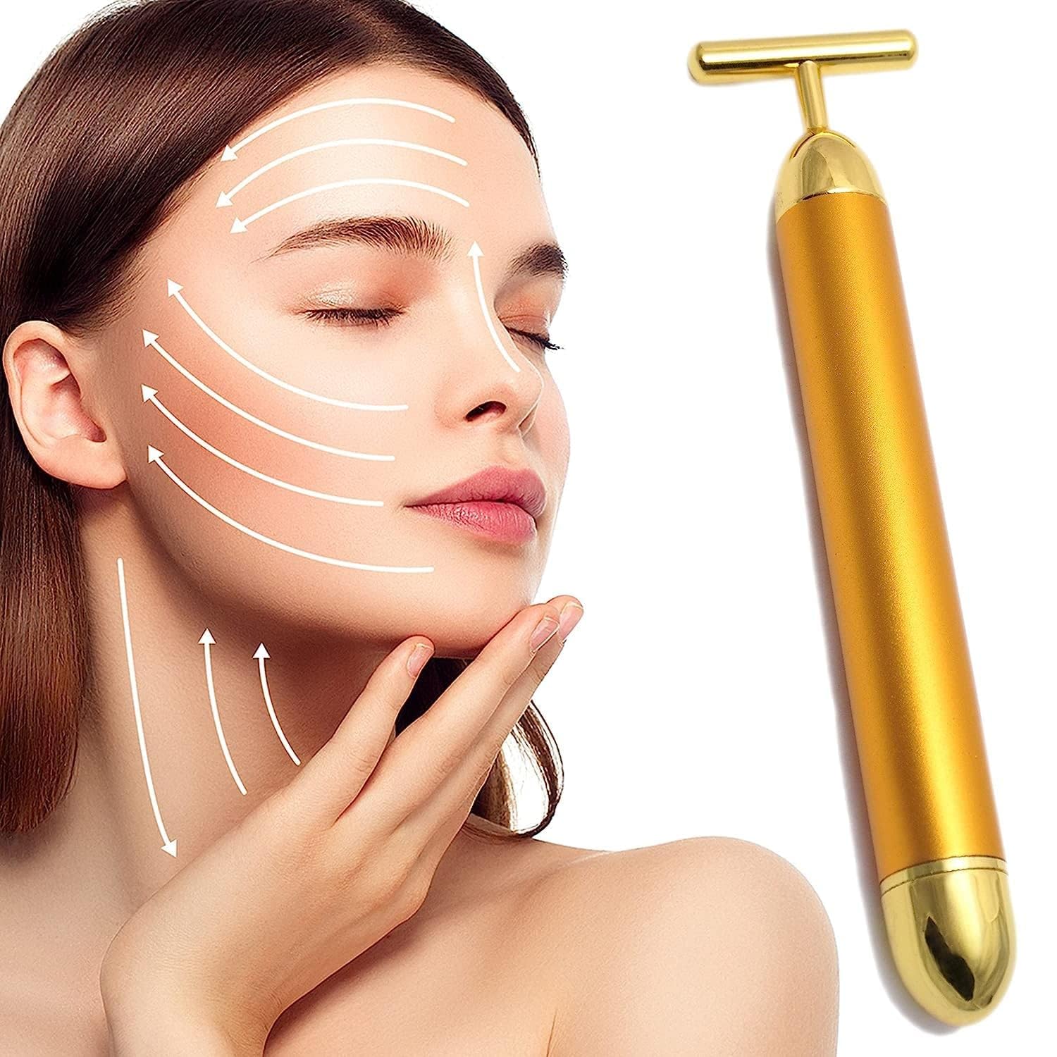HEVIR 24k Gold Energy Beauty Bar - Electric Vibration Facial Massage Roller, Waterproof, T-Shaped Anti-Wrinkle Massager for Forehead, Cheek, Neck, Clavicle, Arm 3