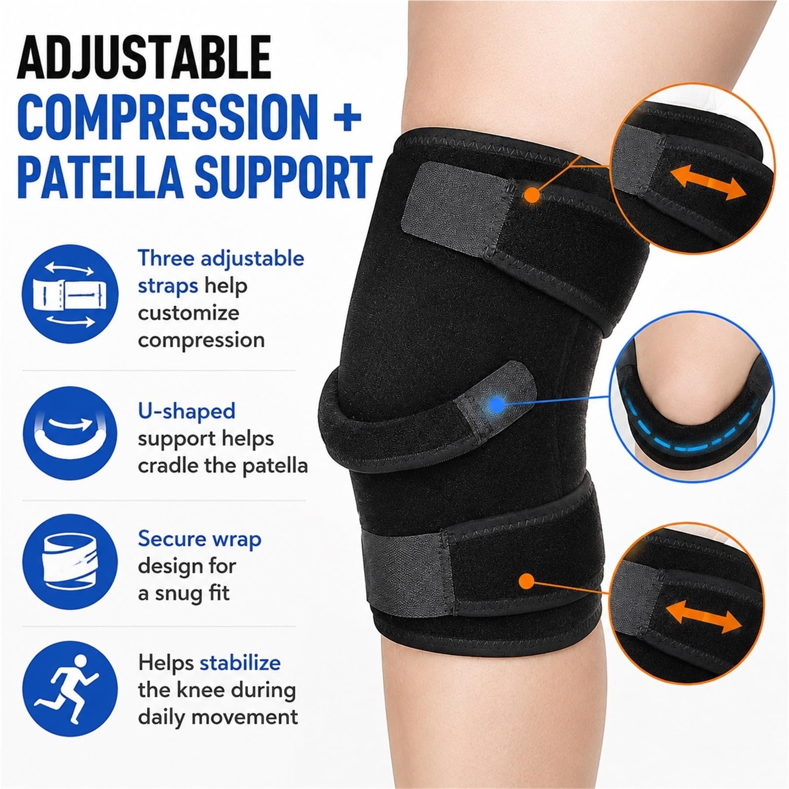 Kniebandage Herren Damen, Knieschoner bei Knieschmerzen Meniskusriss Gelenkschmerzen, Verstellbare Knieorthese mit Seitlichen Stabilisatoren & Patella-Öffnung Sport