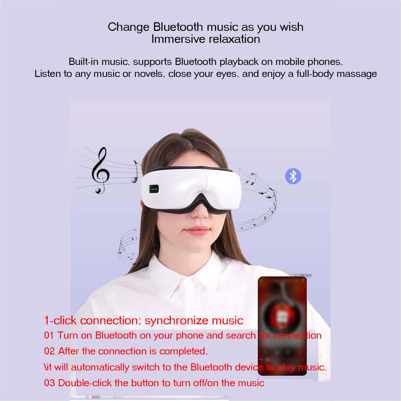 Masajeador Calefacción para Ojos, Masajeador Ojos Inteligente, 5 Modos Masaje/tensión Ajustable/se Puede Conectar a Música Bluetooth/vibración Multifrecuencia/Masaje con Bolsa Aire, para Ojos