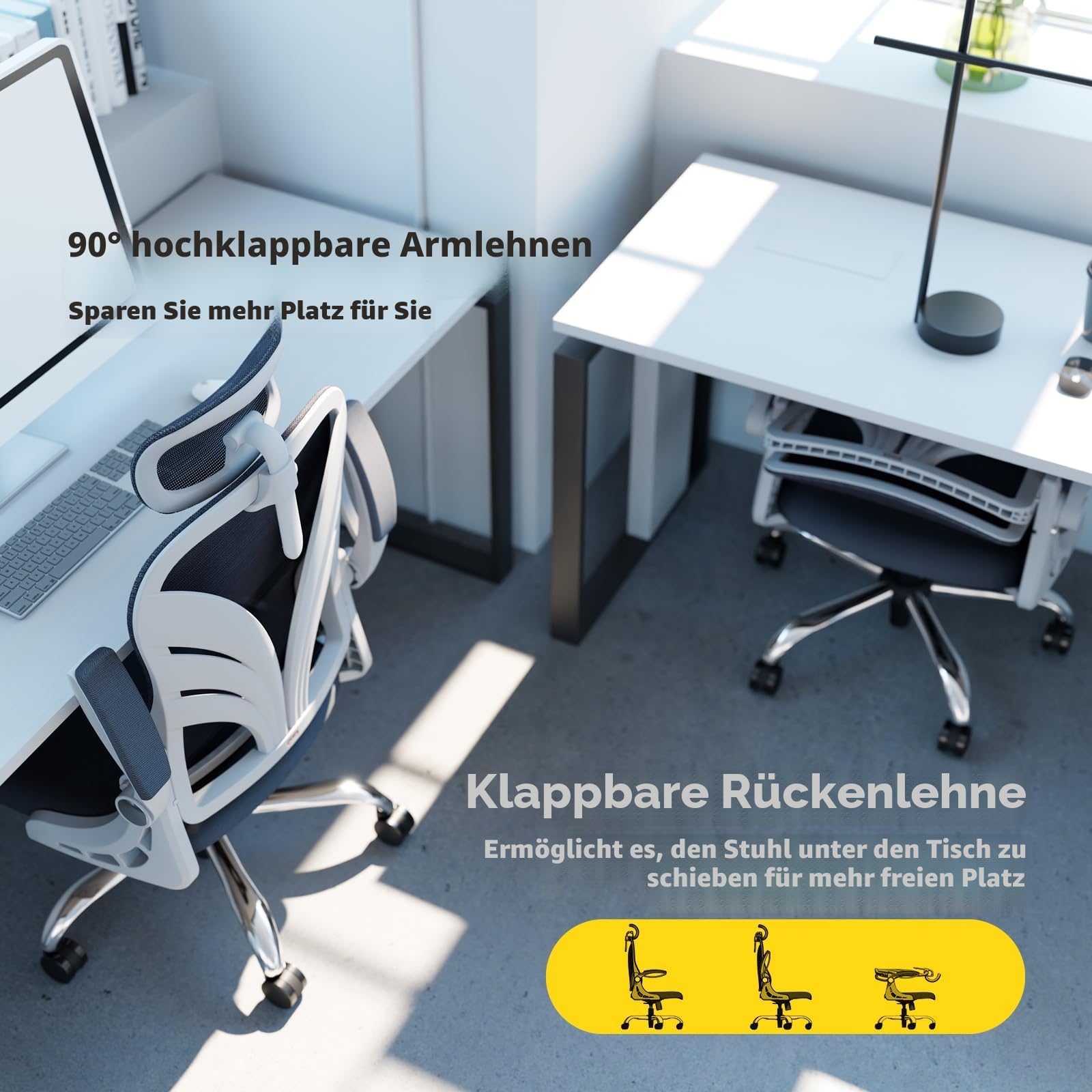 HOLLUDLE Ergonomischer Bürostuhl mit Klappbarer Rückenlehne, Schreibtischstuhl mit 2D Kopfstütze, Hochklappbaren Armlehnen und Mesh Lendenwirbelstütze Drehstuhl Computerstuhl, Weiß