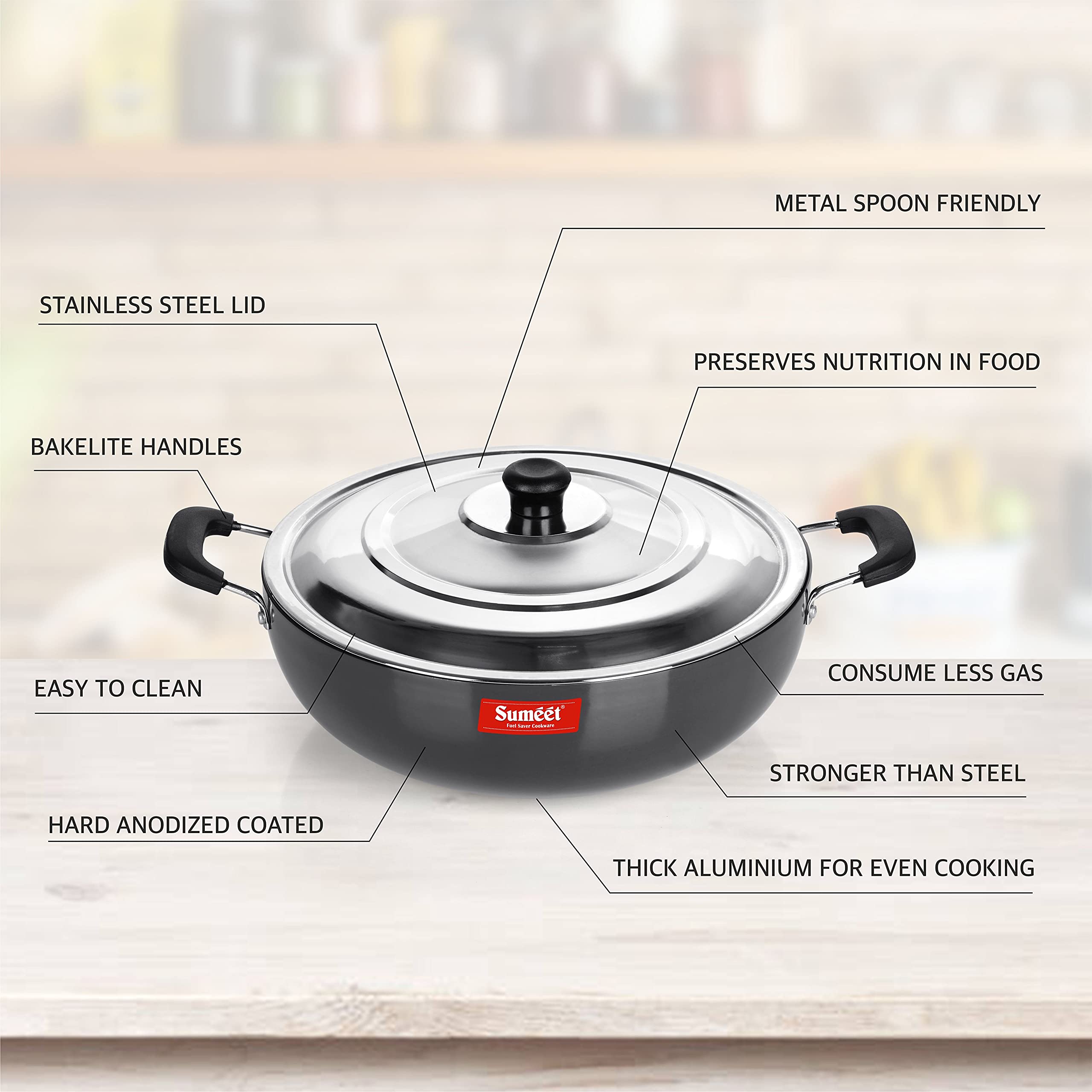 Sumeet 3mm Hard Anodized Deep kadai with Stainless Steel Lid Big Size No. - 15 (28.5cm Dia. 4.5 liter Capacity) - Image 2 thumbnail