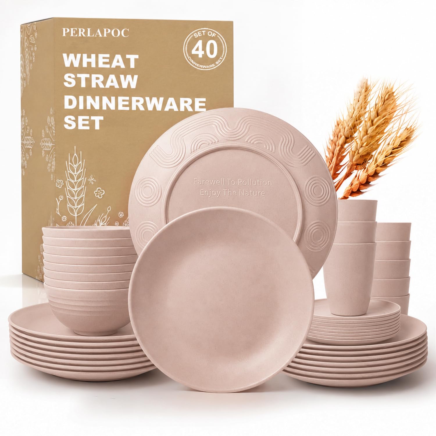 Wheat Straw Dinnerware Sets for 8, 40 Piece Unbreakable Dinnerware Set, Plates and Bowls Sets, Kitchen Plates and Bowls Set, Lightweight Dish Set for Travel Camping Party Outdoor Use - Muted Pink