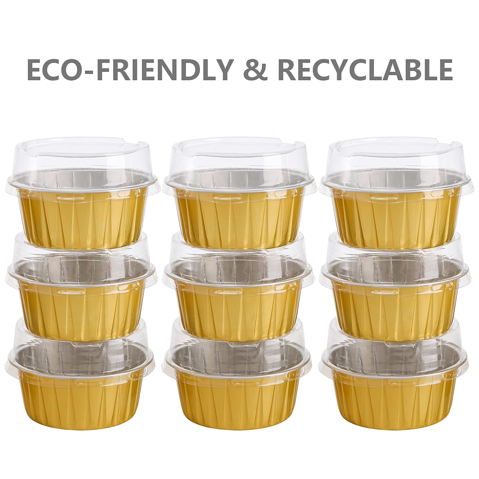 DEAYOU 100 piezas de papel de aluminio para magdalenas, 5 onzas con tapas, mini latas de 3 pulgadas, soporte para tazas para soufle, pudín, fiestas, boda, oro