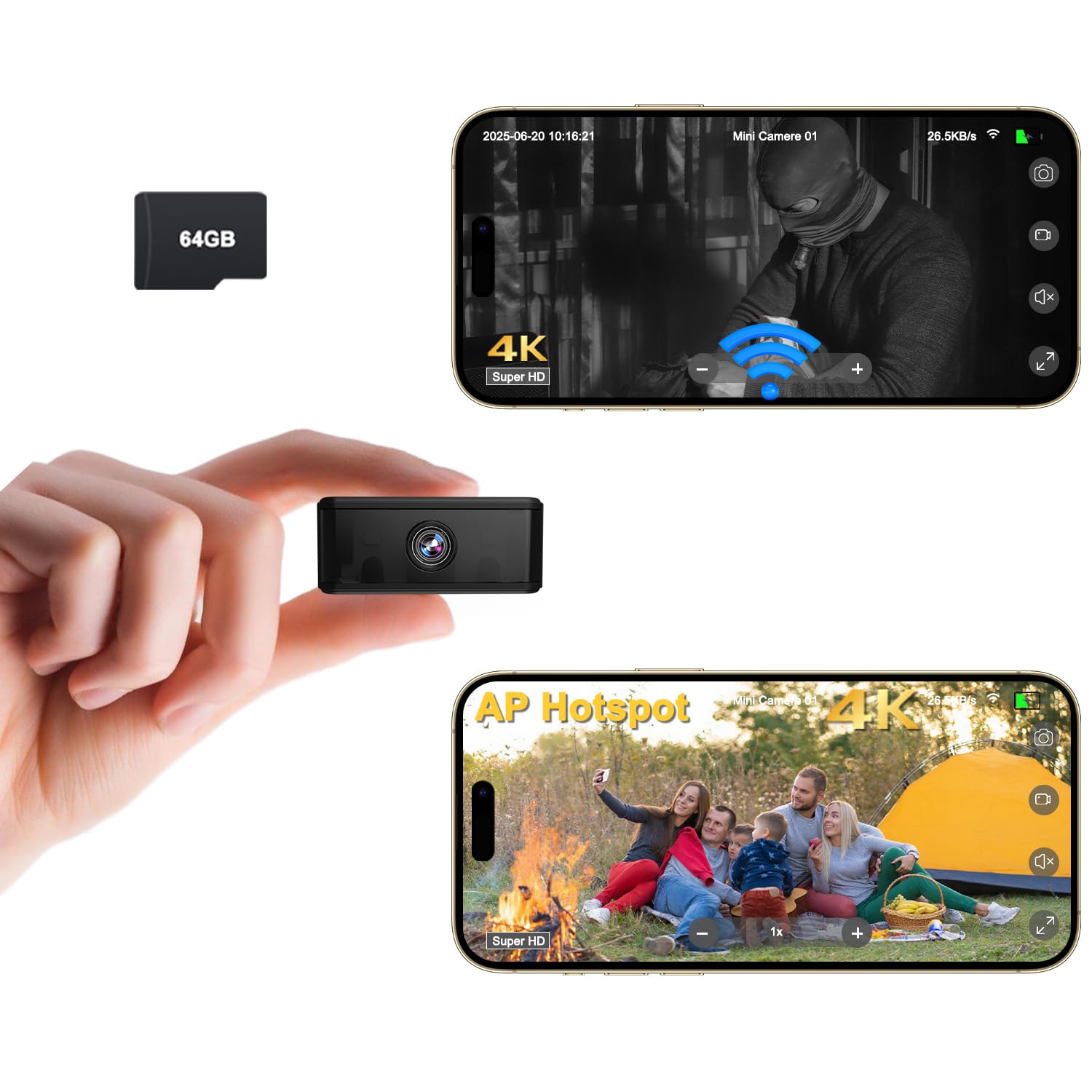 Mini Security Camera, Supports WiFi, AP Hotspot, or No-WiFi, 4K Hidden Camera with Built-in 64GB Memory Card, 940nm Night Vision, Magnetic Mount, Small Cameras for Home, Pet, Indoor, Outdoor