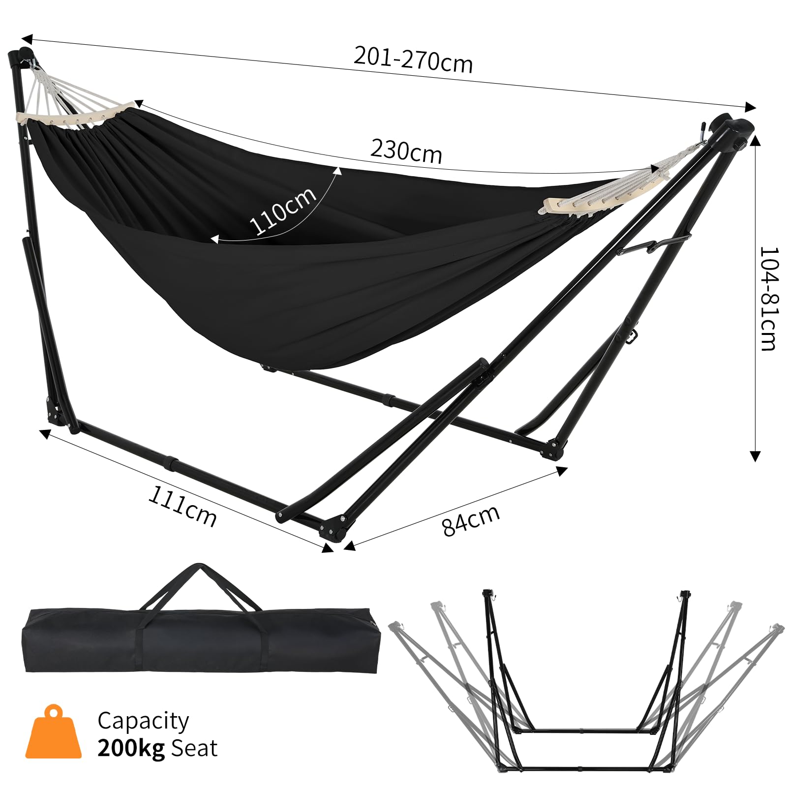 Clevich Hängematte mit Gestell, Outdoor Hängematte, Faltbar, Verstellbar, Stabiler hängematte Gestell, 231x89cm, Bis 200 kg, für Garten Balkon Camping Indoor, Tragetasche, Mehrfarbig (Schwarz)