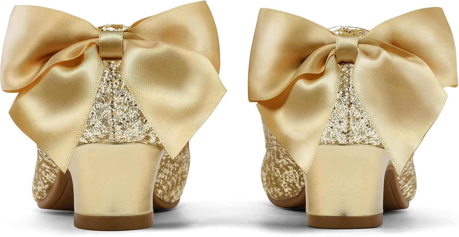 K KomForme Girls Dress Shoes Glitter Mary Jane Pumps with Bow, Low Heel Party Wedding Princess Shoes (Toddler/Little Kids/Big Kids) - Image 3