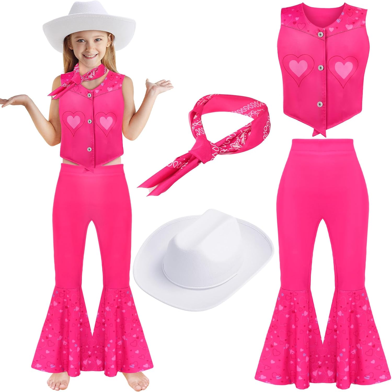 JenPen 4 Pcs Pink Cowgirl Costume Girls 70s 80s Disco Outfits Movie Heroine Dress Up Set for Halloween Cosplay Birthday Party 150 CM