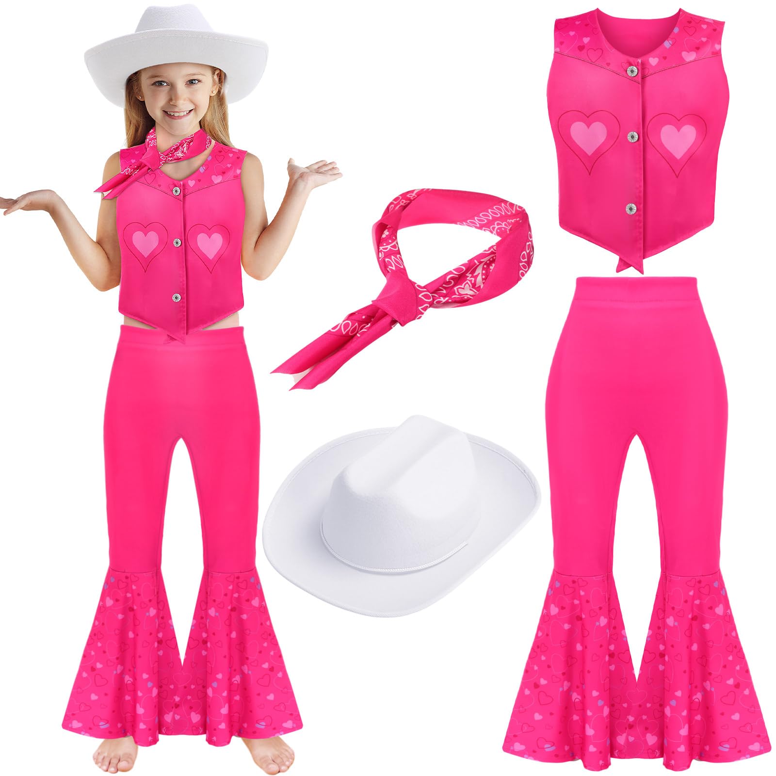 JenPen 4 Pcs Pink Cowgirl Costume Girls 70s 80s Disco Outfits Movie Heroine Dress Up Set for Halloween Cosplay Birthday Party