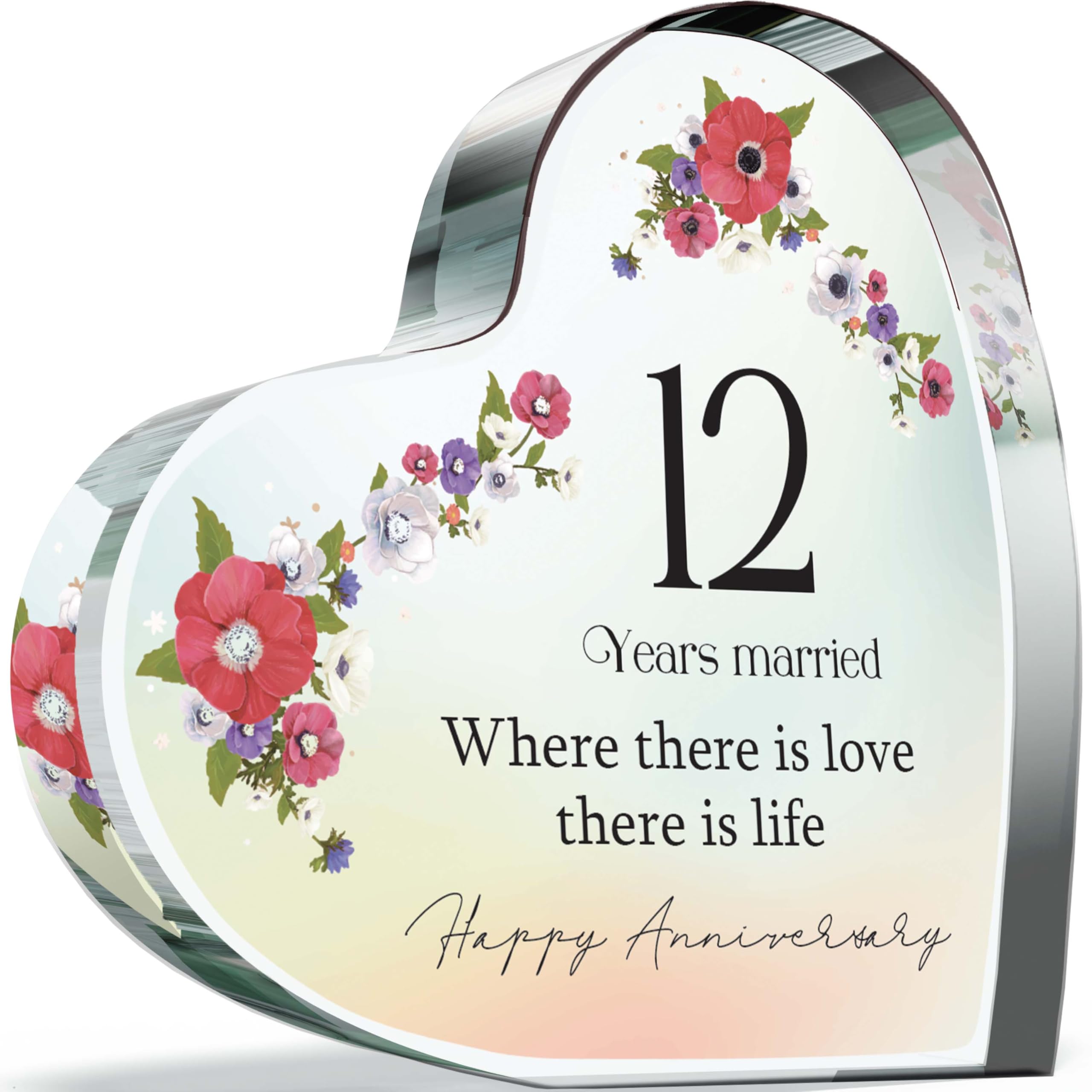 Giftzie Women's 12 Th Anniversary Plaque Gifts For Wife Husband - Years Married - I Love You Romantic Acrylic Heart Gift For Men, 100Mm Elegant Floral Pastel Present For Couples Twelfth Anniversaries