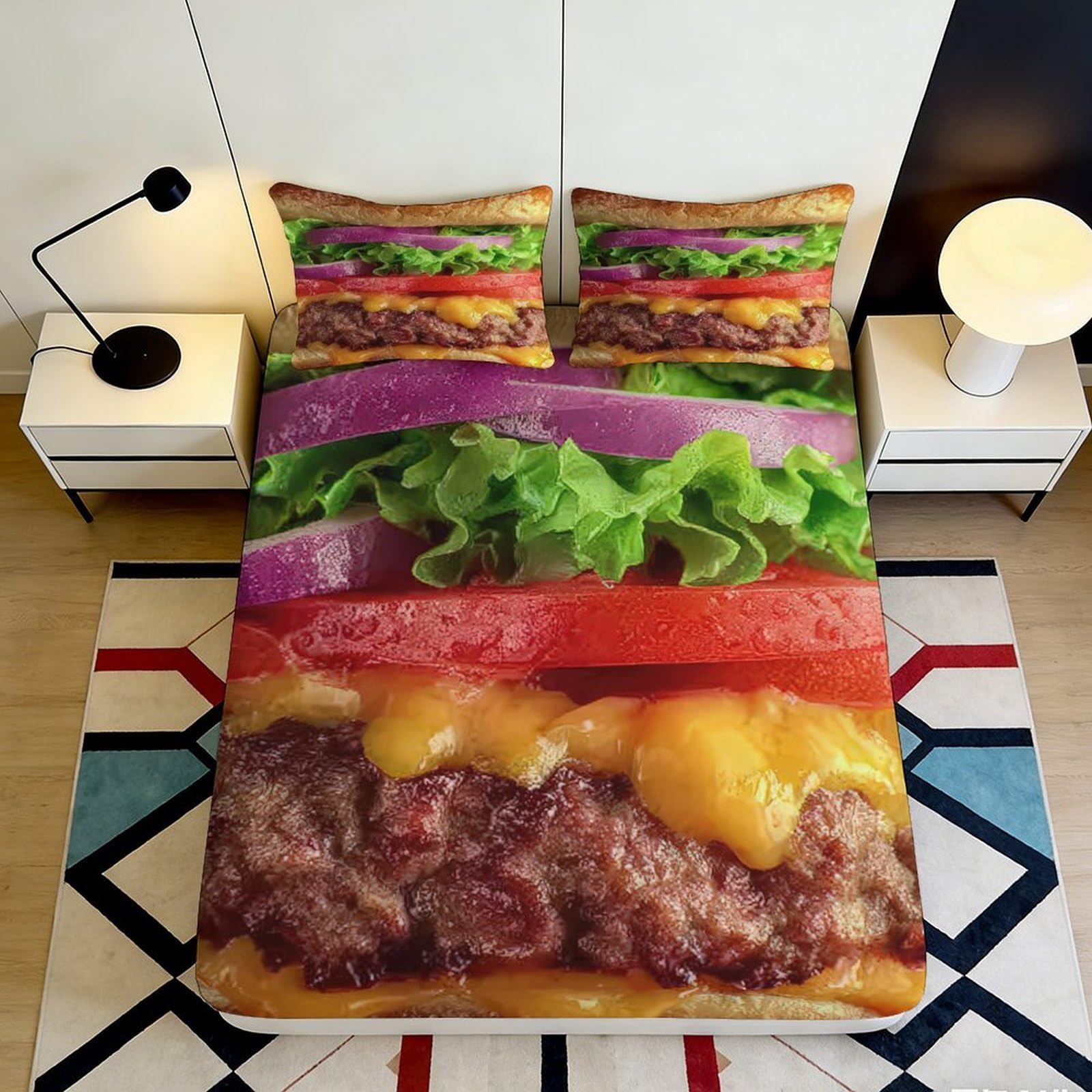 3D Printed Burger Food Art Fitted Sheet Microfiber Soft Breathable Cheeseburger Mattress Cover for Bedroom Guest Room Decor 140x200x25cm