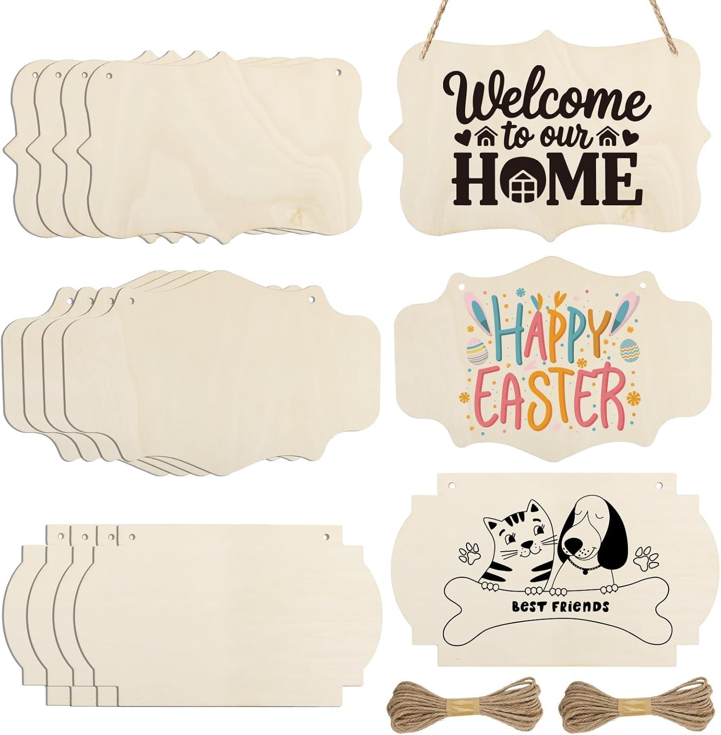 12 Pcs Wooden Hanging Sign Blanks for DIY Craft | Rectangle Wood Plaques 8.9 x 5.7 Inch with Rope | Unfinished Wood Signs for Painting, Home Decor-image-26