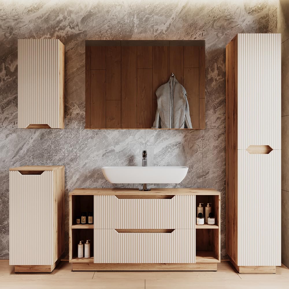 Vicco Conjunto de Muebles de baño Lotta, Cachemira, 119.2 cm, Compuesto por Espejo de baño y Mueble bajo Lavabo