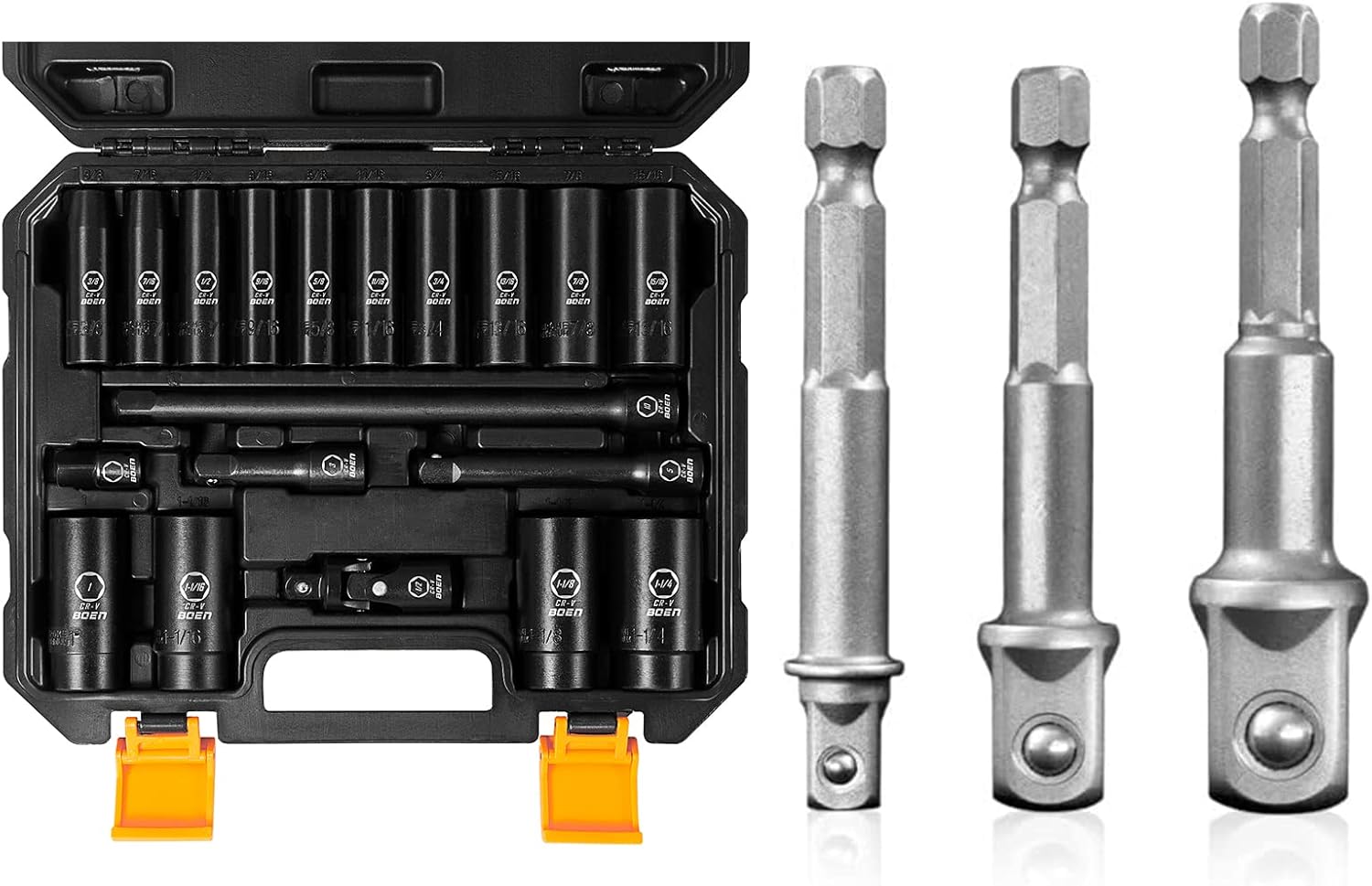 BOEN 22 Piece Set, SAE 1/2 inch deep impact socket set with Durable Case, 1/4", 3/8", 1/2" Drive Impact Grade Socket Adapter Set with Bit Holder