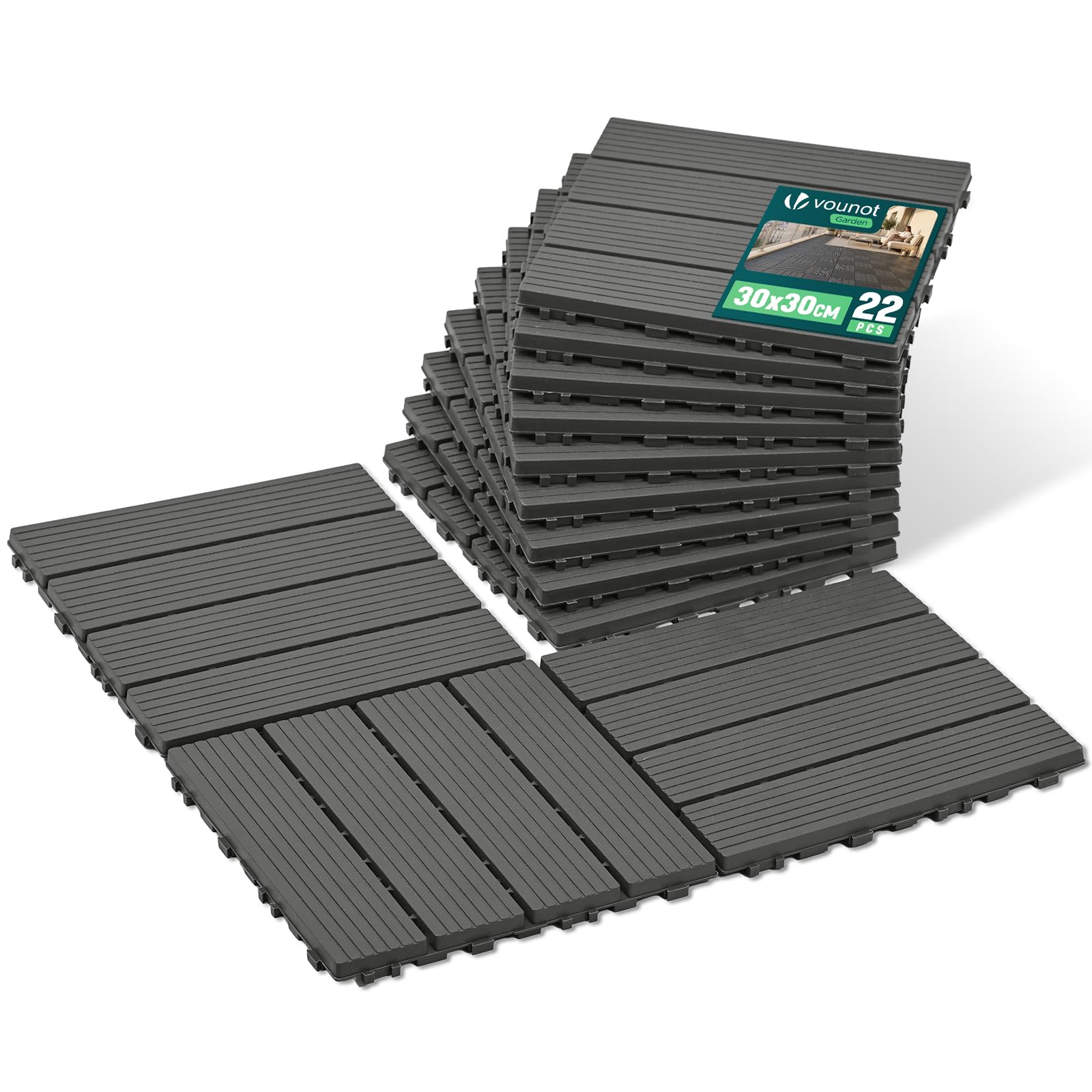 VOUNOT® Set da 22 Piastrelle Esterno ad Incastro 30x30 cm, Pavimento da Giardino Antiscivolo e Drenante, Tagliabili e Resistenti all’Acqua per Terrazza, Patio e Piscina, Antracite