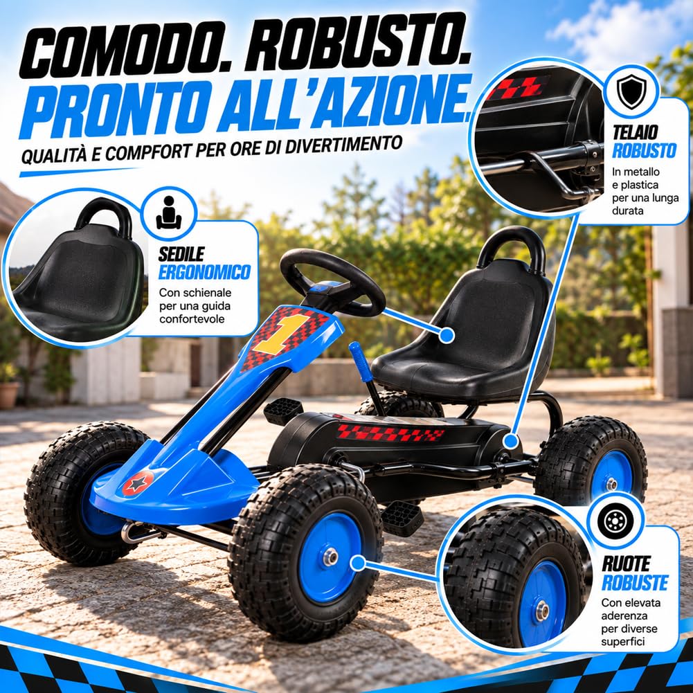 BAKAJI Go Kart a Pedali per Bambini dai 5 ai 12 Anni, Sedile Regolabile ed Ergonomico, Ruote in Gomma Pneumatici ad Alta Tenuta, Bici per Bambini con Telaio Resistente e Freno a Mano