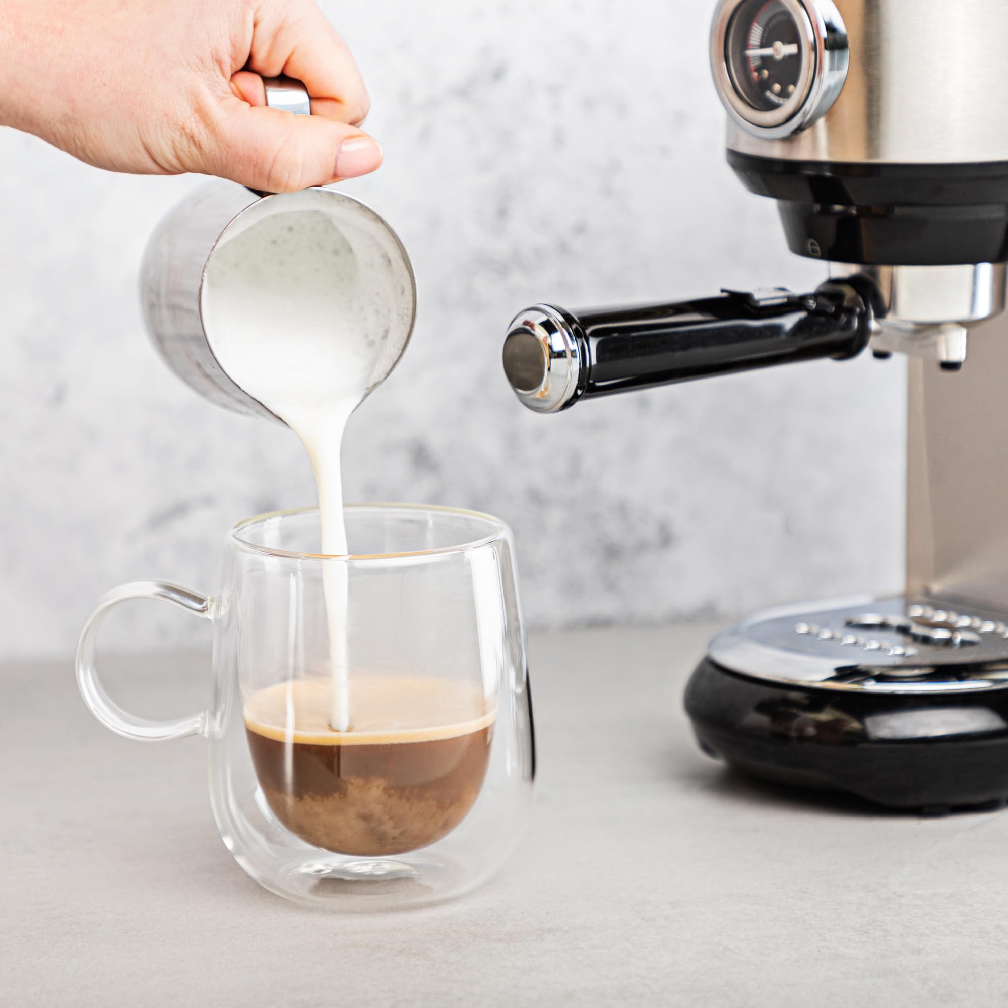 Vitinni Espressomaschine, Professionellem Milchaufschäumer, 15-bar-Druckpumpe, Milchschaumdüse, 1450 W, inkl. Barista-Kit, Tassenwärmeregal, 1 l Wassertank, Für Gemahlenen Kaffee, Silber