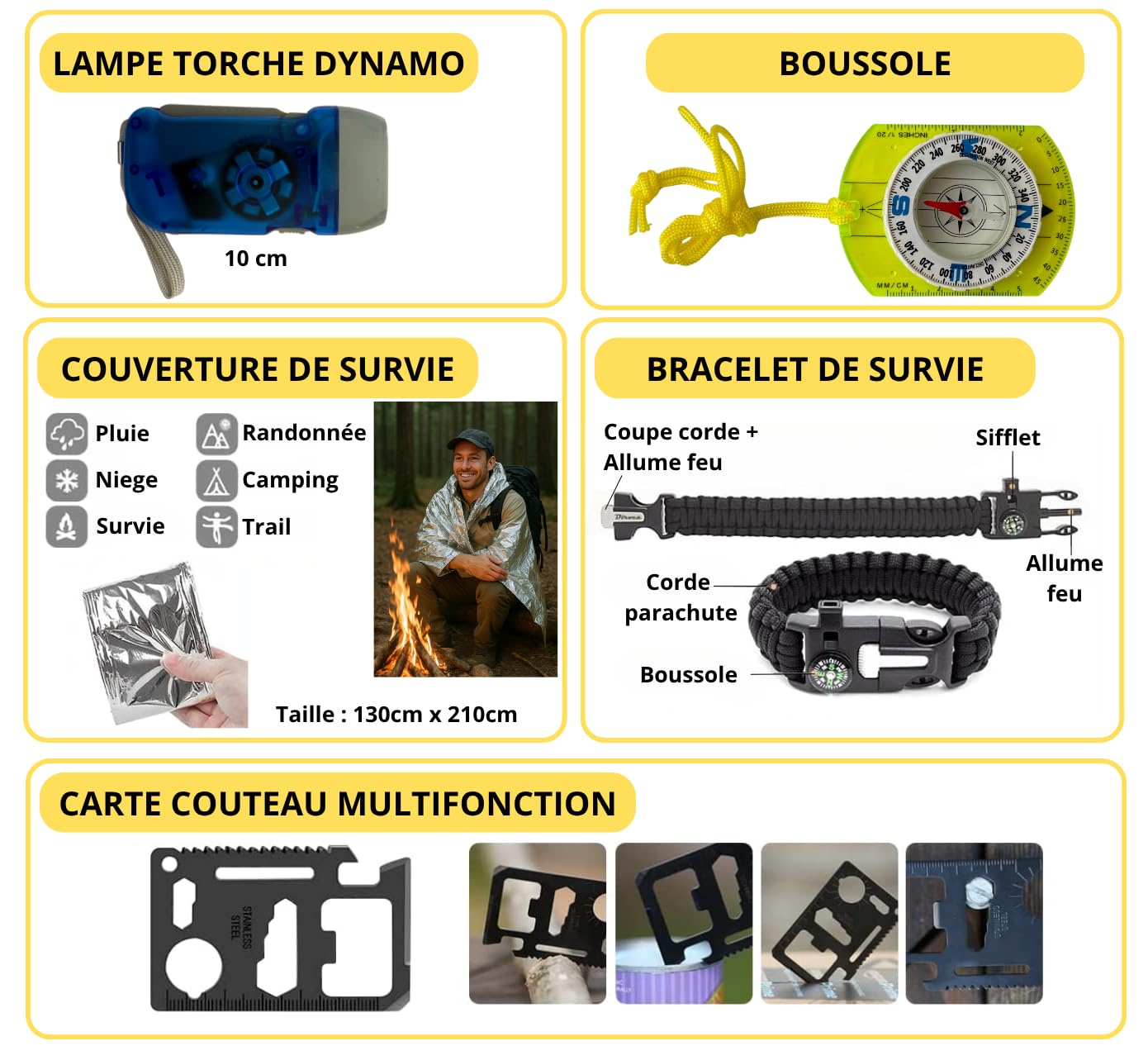 Safe&Ready Kit de Survie avec Hache, Couteau Pliant, Lampe Dynamo, Trousse de Secours, Abri, Poncho, Allume-feu, Scie Câble pour Outdoor, Randonnée, Urgence, Bushcraft