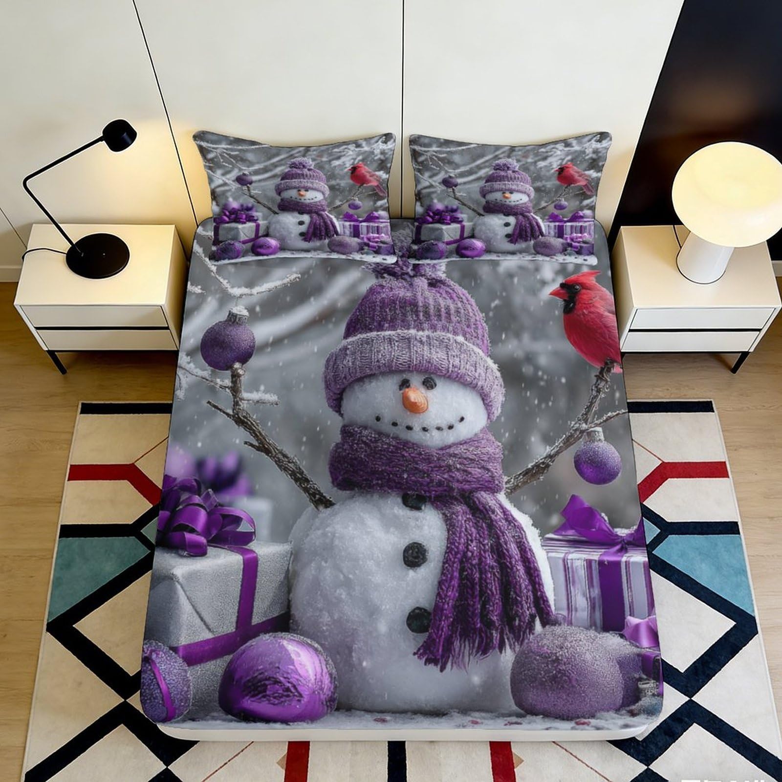 3D Printed Snowman Fitted Sheet Microfiber Deep Pocket Bedroom Bedding Snowman Mattress Fitted Cover Non-Slip Washable for Adults/Teens 180x200x25cm