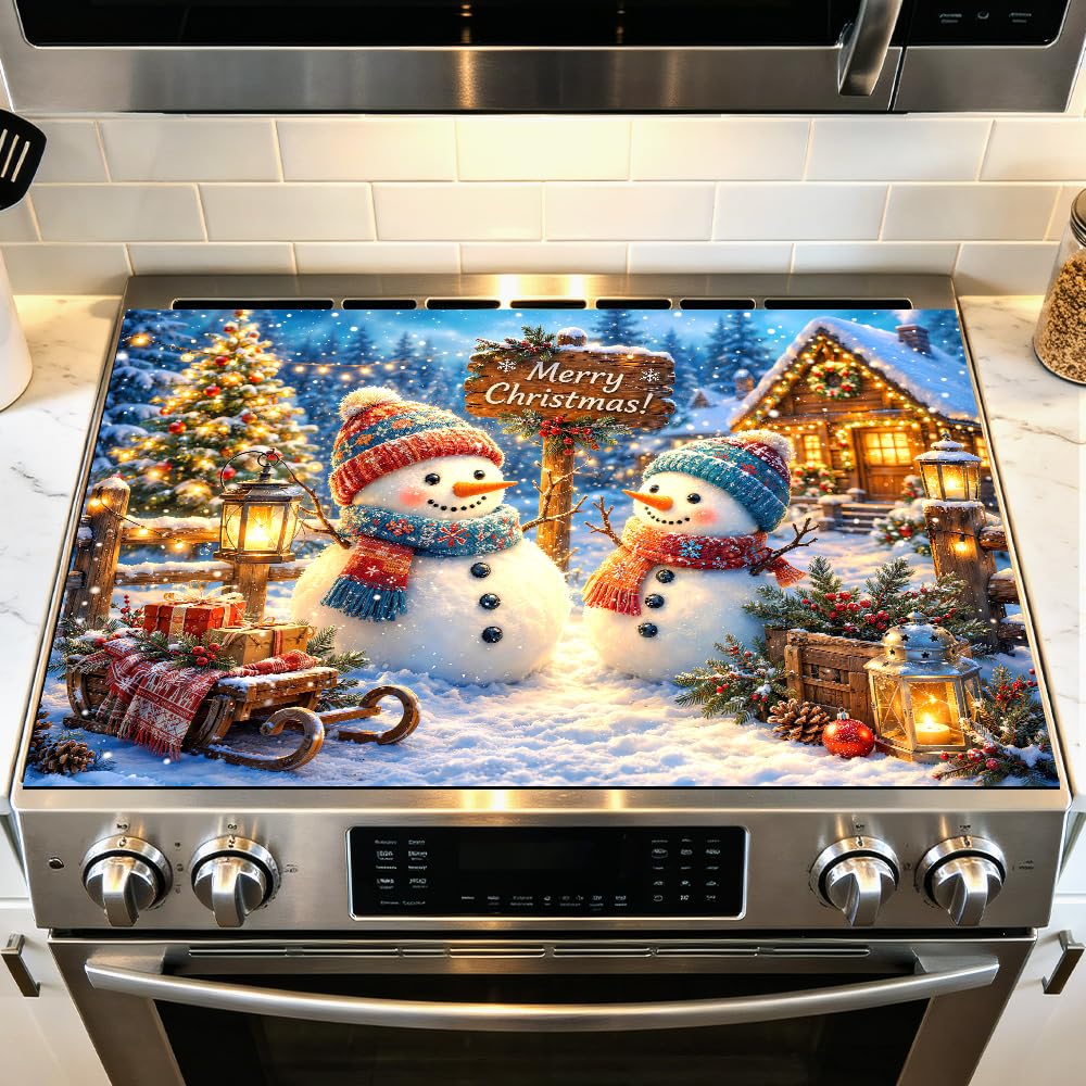Merry Christmas Snowman Stove Top Cover for Electric Stove Mat