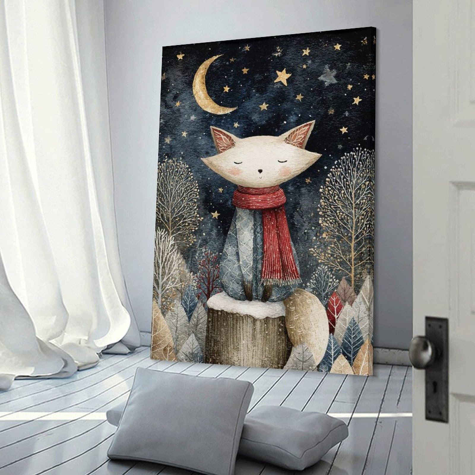 Junmoney Frame-Style-7 Fox In Winter Night Watercolor Home Decor Wall Art 12X18inch(30X45cm), For Lounge, Study, Hallway Or Flat Walls, Stylish Home Artwork For Focal Walls