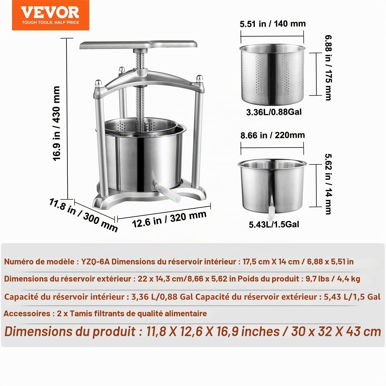 VEVOR Pressoir à Fruits Manuel 5 L Pressoir à Vin en Inox Base en Aluminium Presse-Fruits Manuel Baril Intérieur 18 x 15 cm Broyeur de Fruits Légumes pour Pressage de Vins Jus de Fruit Cidres Purées