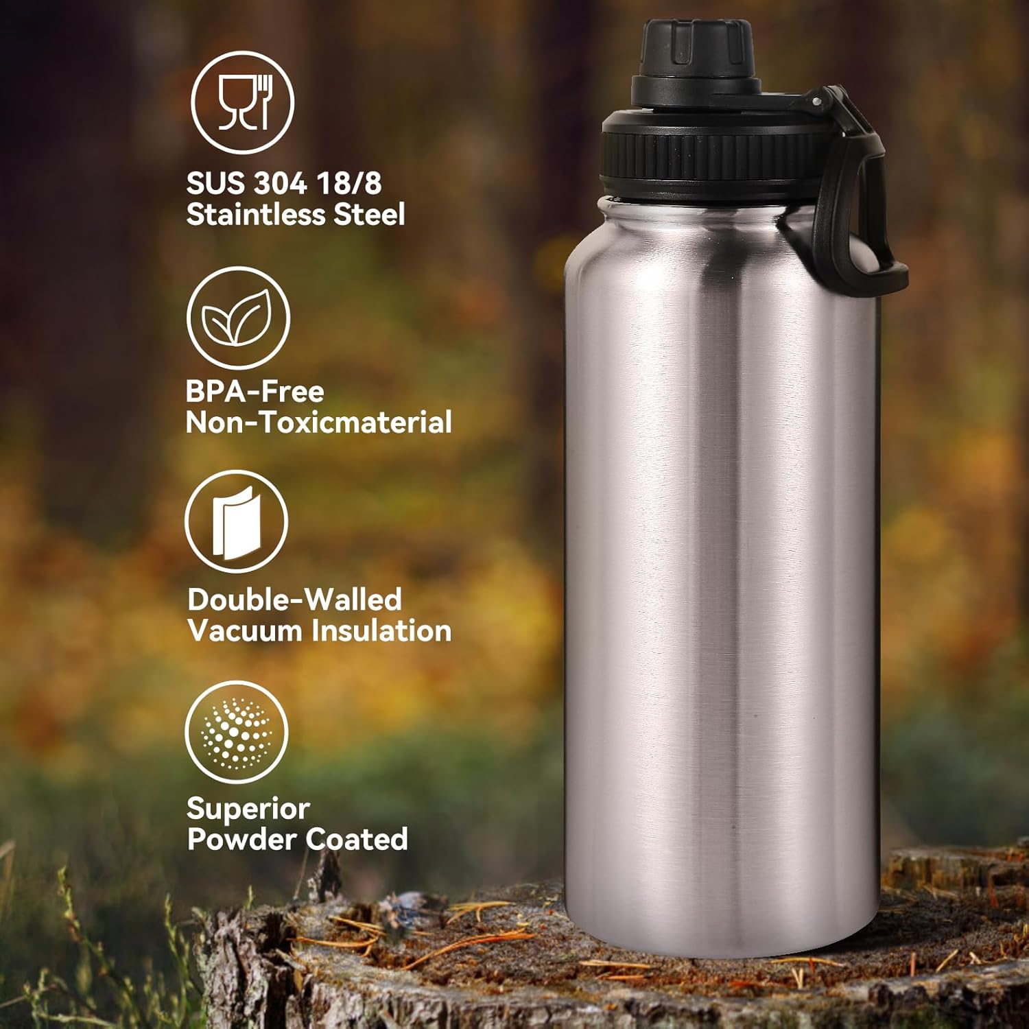 Neihepal 32 oz Insulated Water Bottle with 2 Lids (Straw & Spout Lid), 18/8 Stainless Steel Double Wall Water Bottles for Gym, Travel, Camping, Sports (Silver,1 Pack) - Image 3
