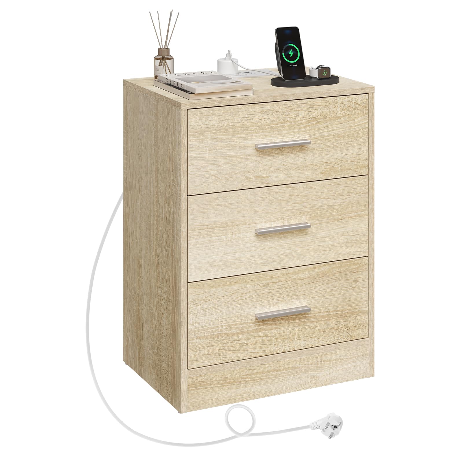 WOLTU Mesita de Noche, Mesa de Centro con Enchufes y Puerto USB, Mesita de 3 Cajones, Mesilla de Nochepara Dormitorio, Salón y Estudio, Roble Claro, MDF, 39x28,5x54,5 cm