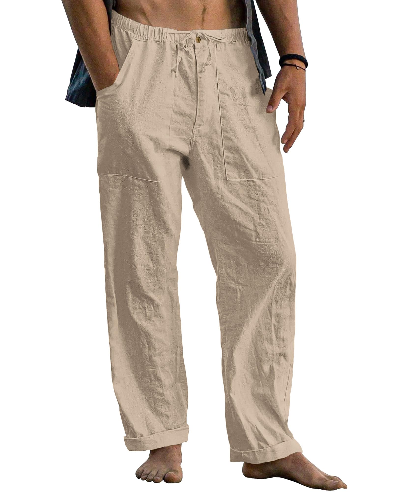 Cegerne Pantaloni in Lino Uomo Lunghi Leggeri, Pantaloni Estivi Casual con Vita Elastica e Coulisse, per Spiaggia Vacanze Medievale Vintage e Uso Quotidiano