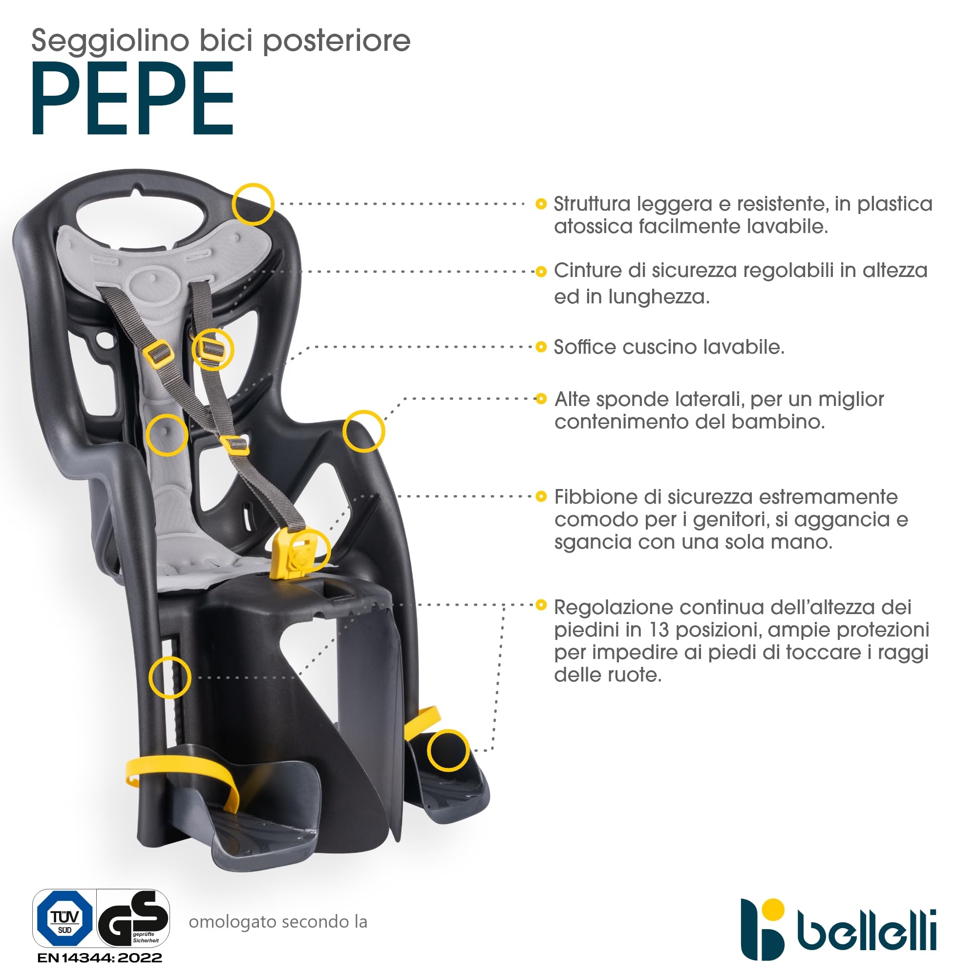 Bellelli | Pepe - Seggiolino Posteriore per Bicicletta - per Bambini Fino a 22 kg, da 3 a 8 Anni - Si Fissa al Telaio - Colore Black