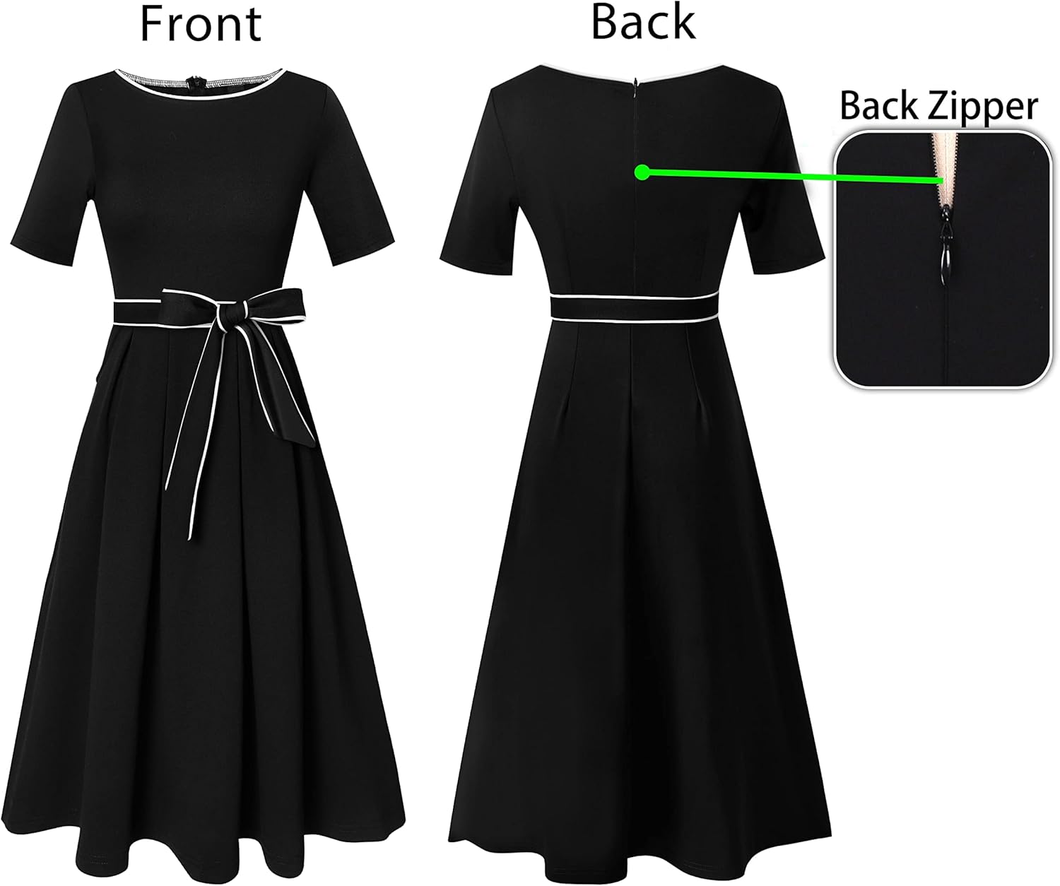 VFSHOW Womens Elegant Patchwork Pockets Pleated Work Office Business Casual Party Belted A-Line Midi Dress - Image 4