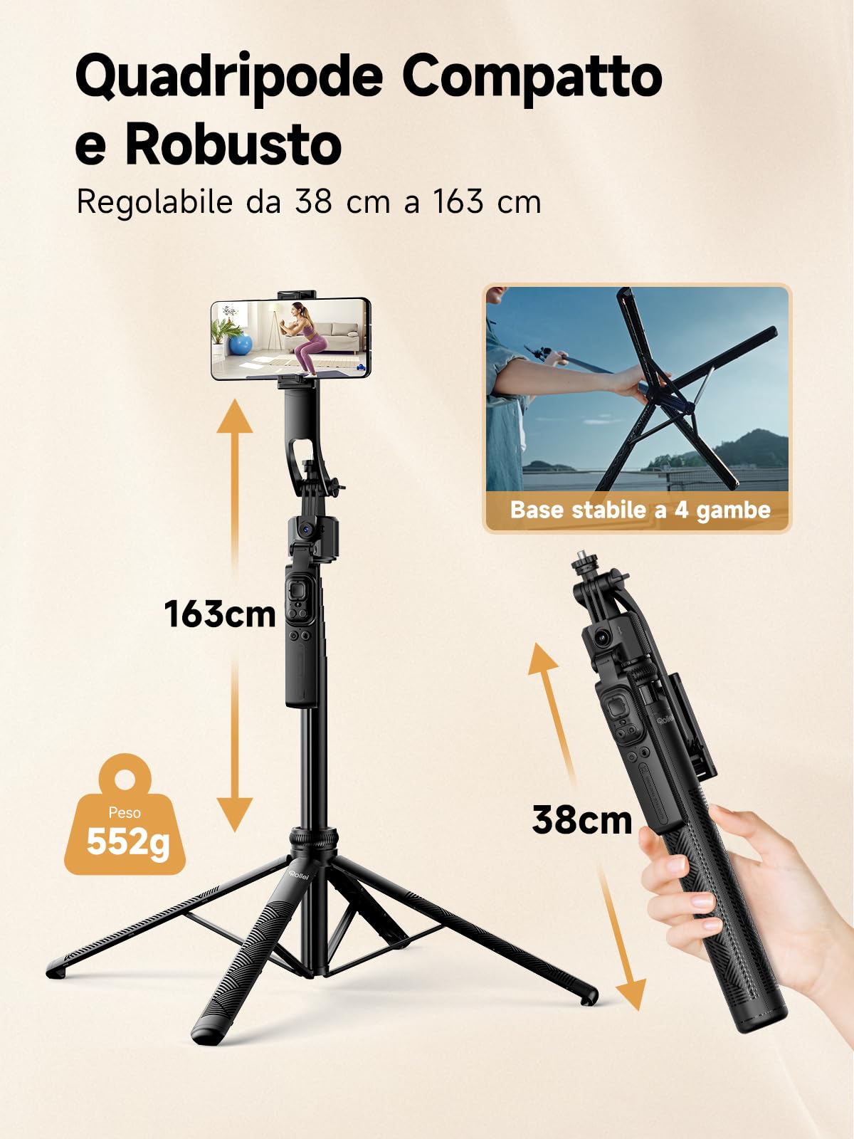 Treppiede con Tracciamento Automatico, Rollei Auto Tracking Tripod Selfie Stick 163 cm Rotante 360 per Smartphone con Luce e Telecomando per Tiktok Vlog, Treppiede-Smartphone-Bastone-Selfie-Stick