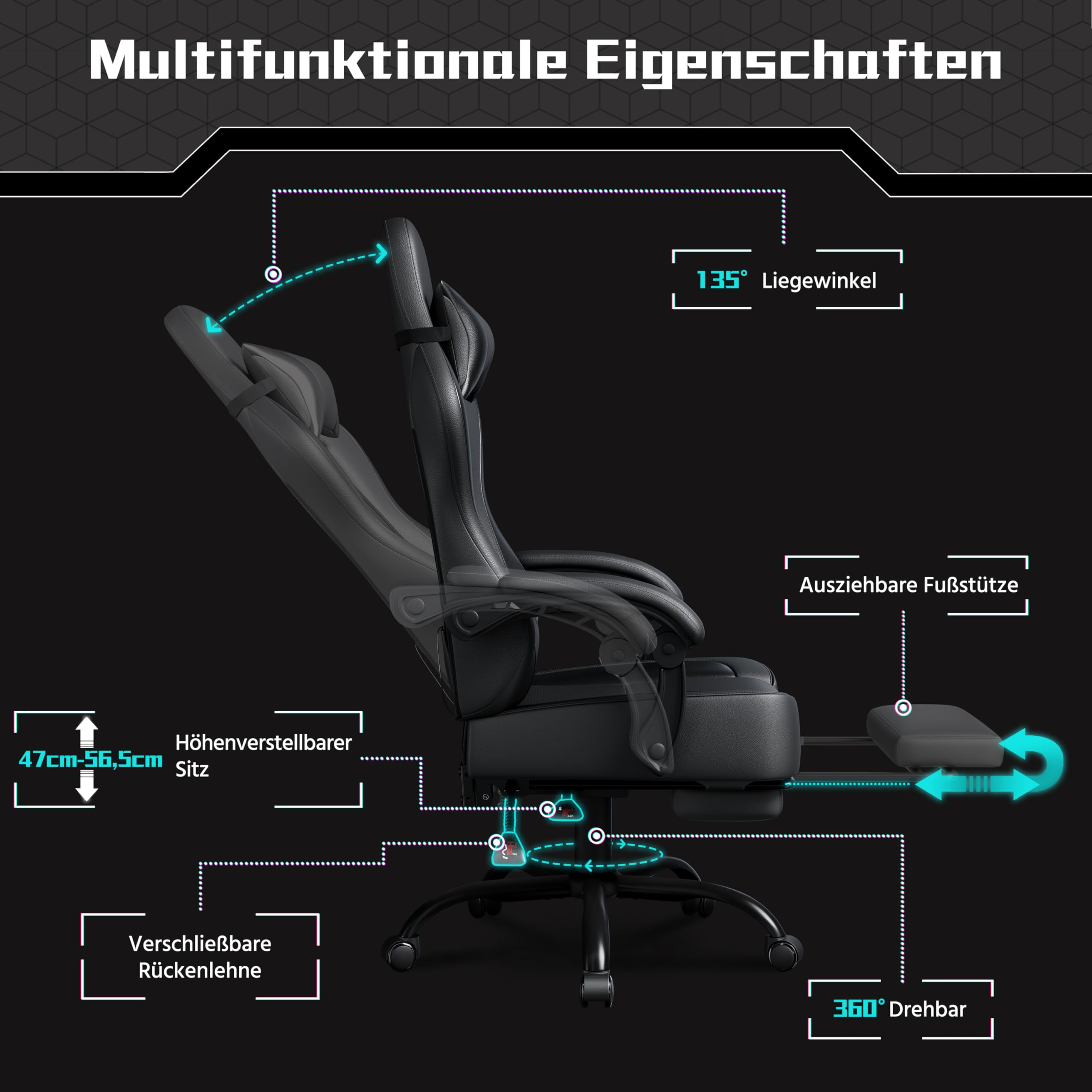 Yaheetech Gaming Stuhl, Ergonomischer Gaming-Stuhl mit Massagefunktion & Ausziehbarer Fußstütze, Verstellbare Rückenlehne, Höhenverstellbar, PC-Stuhl Computerstuhl Drehsessel (Schwarz)