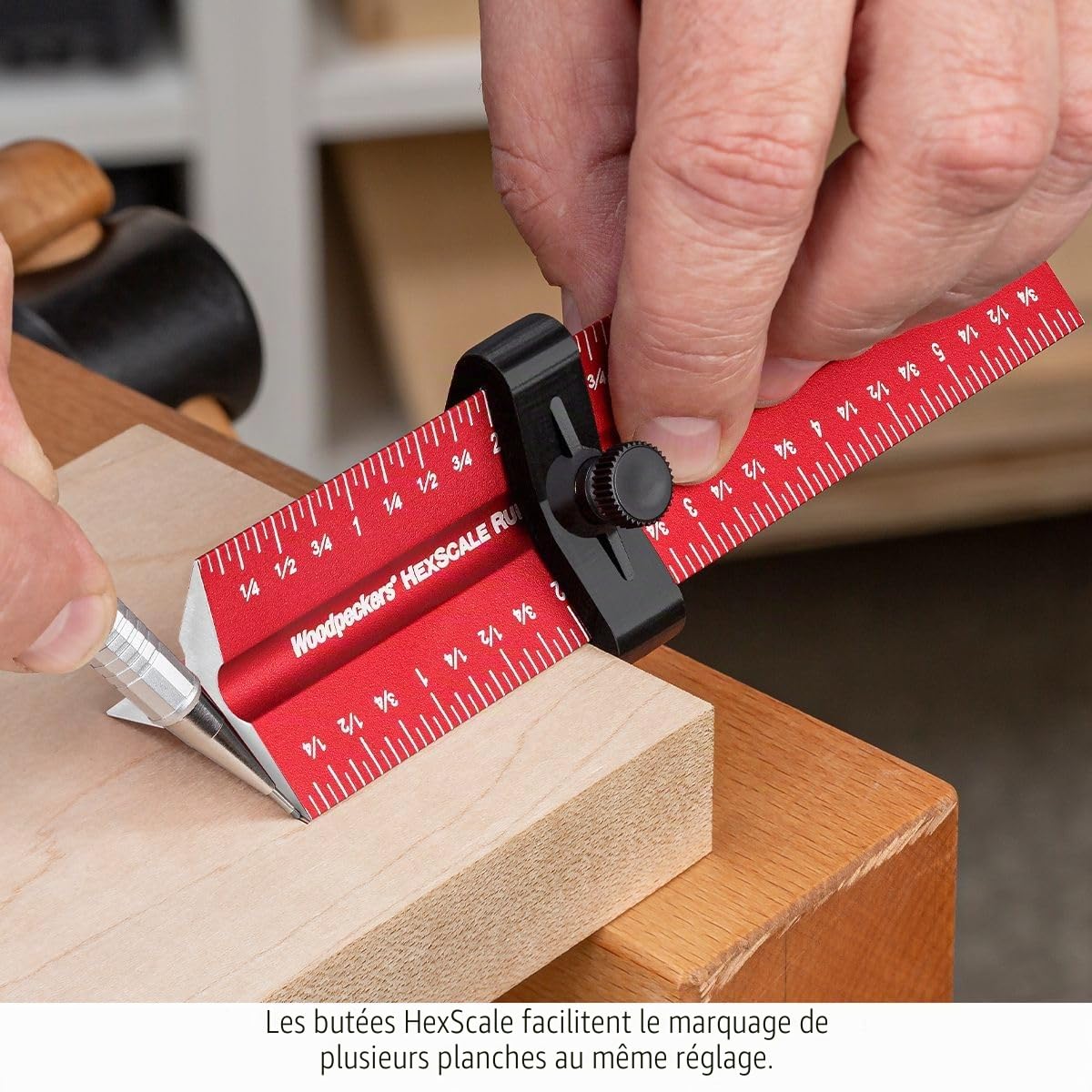 Woodpeckers Règle hexagonale 6 en 1 de 150 mm pour le travail du bois avec arrêt, pouces, échelles métriques et de centrage, mesure R2L et L2R, style architecte