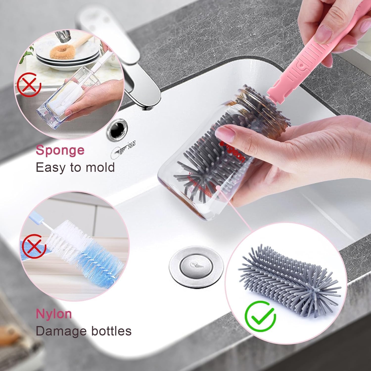 Parssufy Portable Baby Bottle Brush Kit Travel Feeding Bottle Cleaning Set Nursing Bottle Cleaner with Extendable Silicone Bottle Brush/Nipple Brush/Straw Brush/Drying Rack/Soap Dispenser/ (Pink) 4
