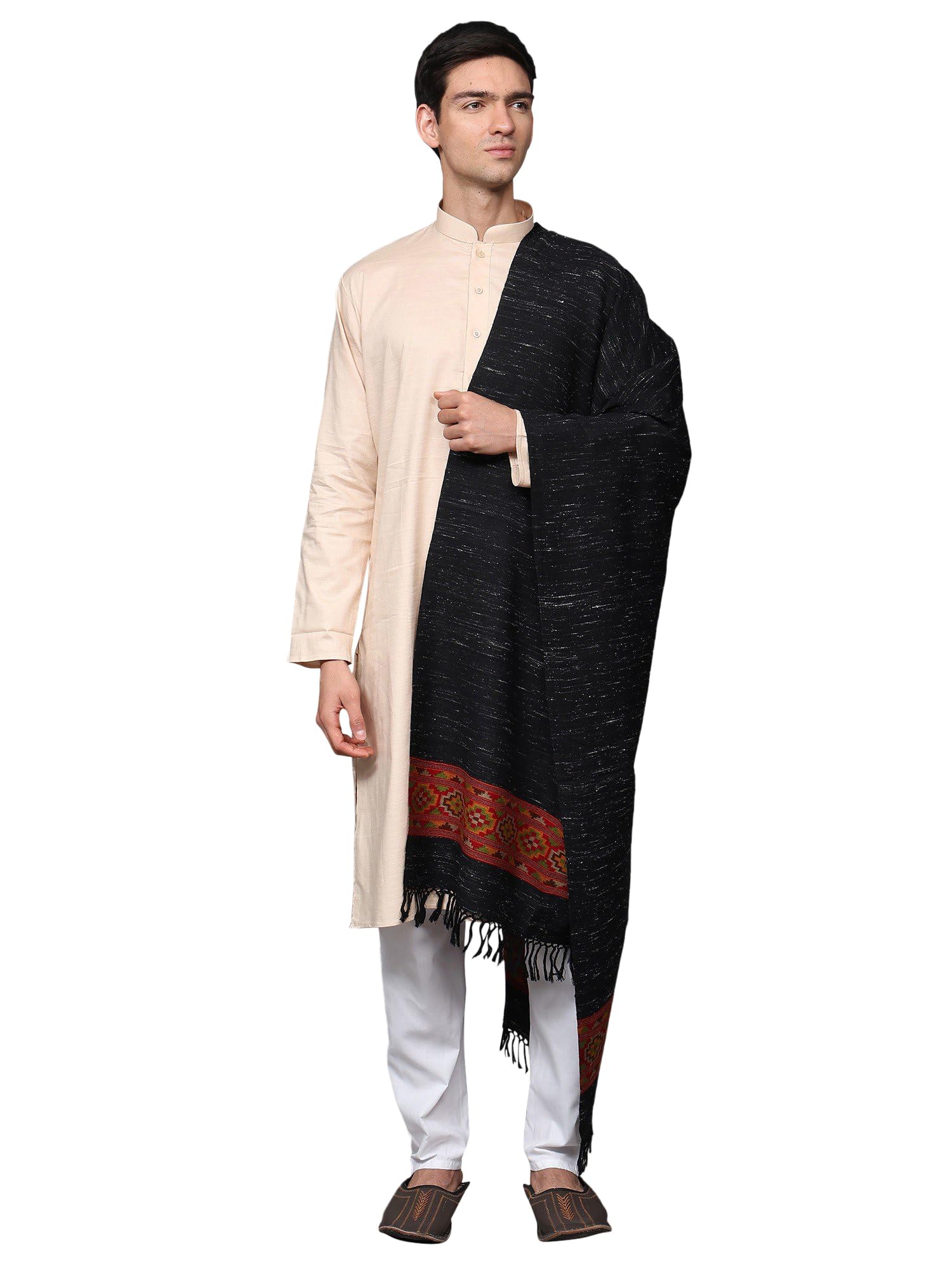 exotic india Men's Wool Stole with Elegant Kinnauri Woven Wide Border | Traditional Soft & Warm Kullu Designer Shawl for Men and Women-picture-34