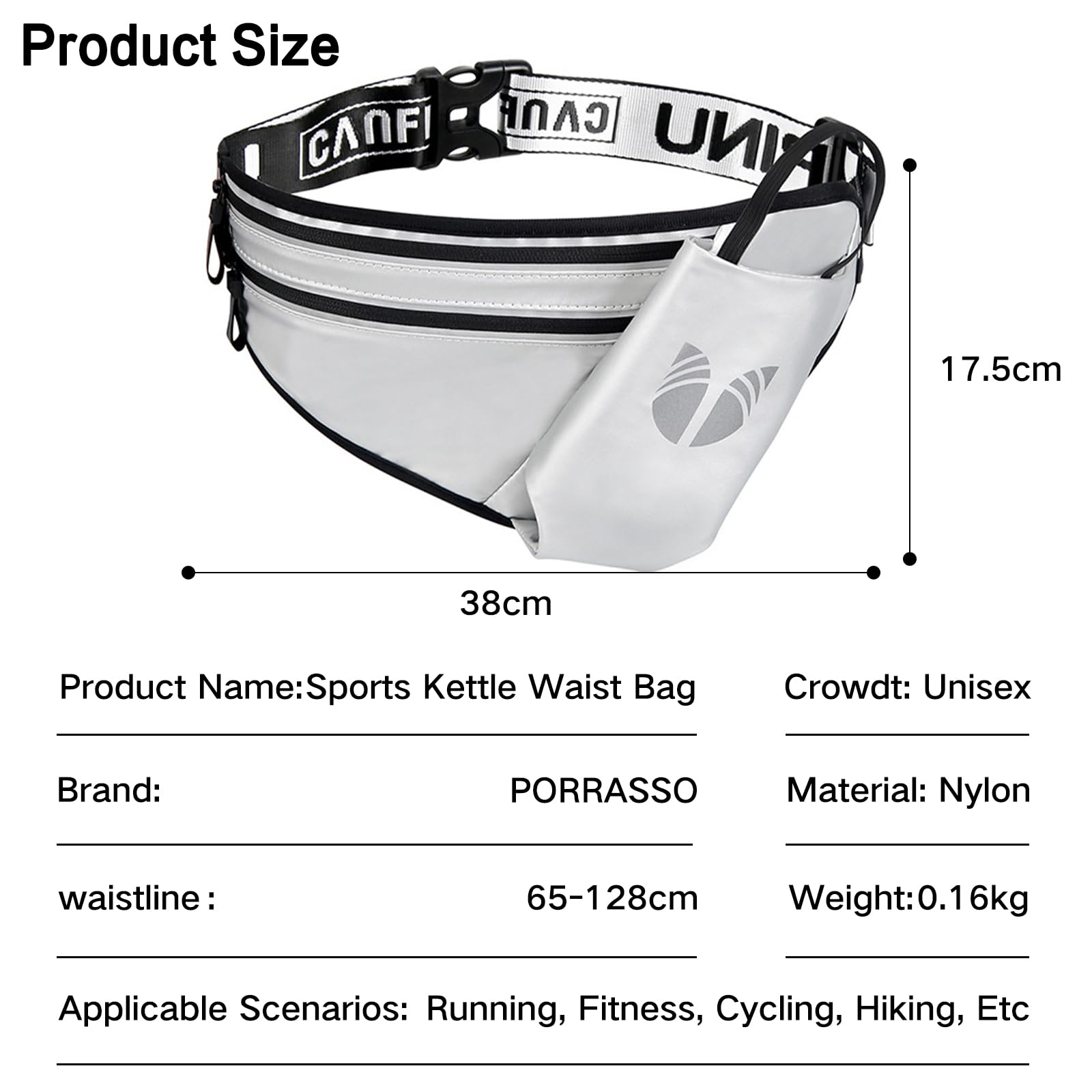 Marsupio Fanny Pack Bag Sportiva Impermeabile Marsupio con Portabottiglia Design Riflettente Cintura Regolabile (65-128CM) per Uomini Donne Corsa Trekking Viaggio Ciclismo Argento