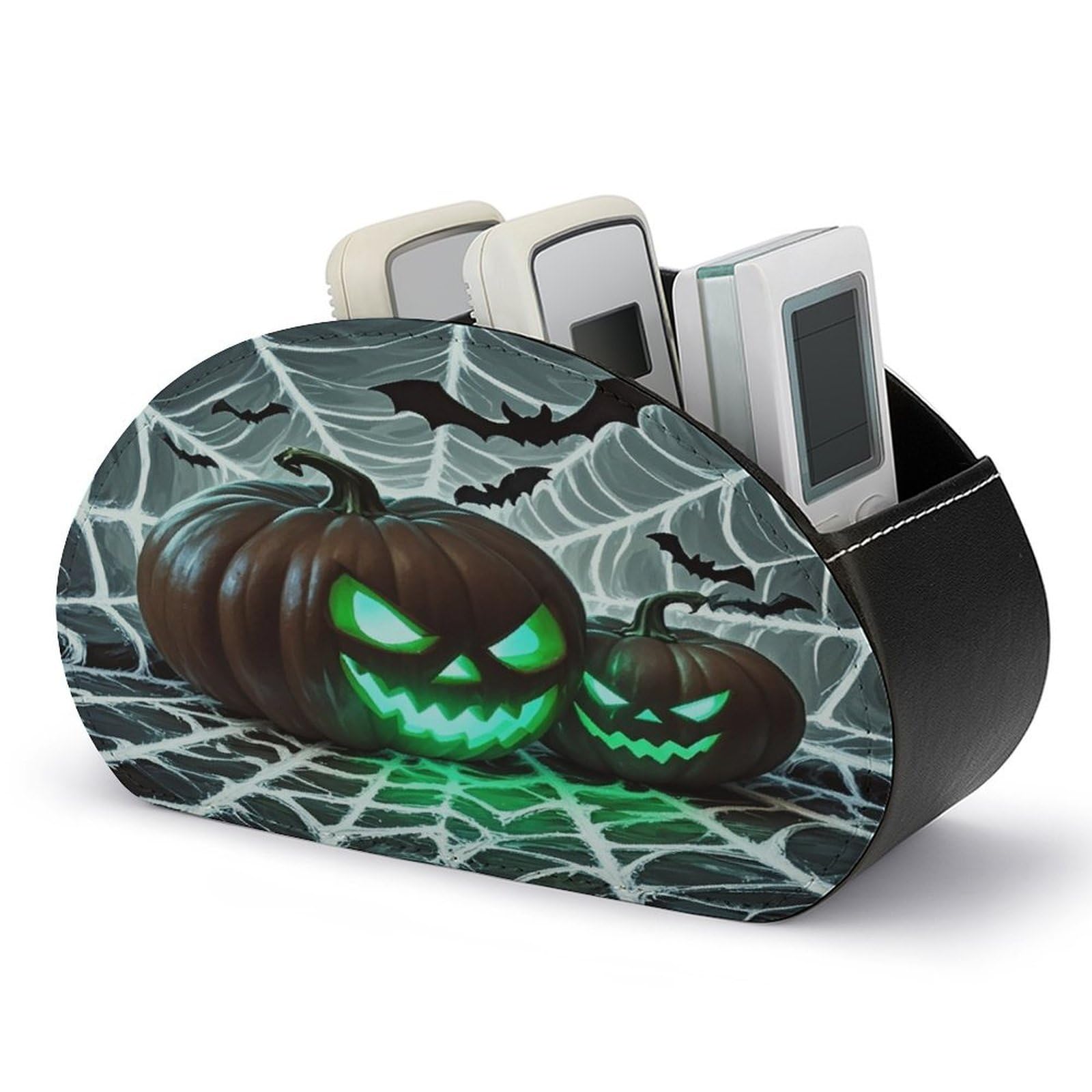 FekiLoot Green Pumpkin Remote Control Holder with 5 Compartments Multi-functional TV Remote Caddy Organizer Leather TV Remote Holder Desktop Organizer Store for Bedside Table Office Desk