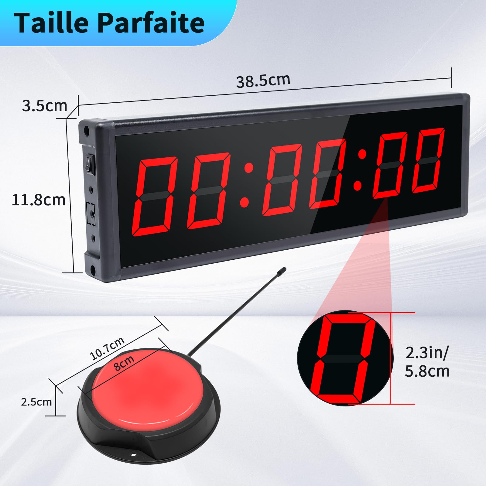 Minuterie avec Bouton Marche/Arrêt sans Fil, Minuteur et Chronomètre Digital, Horloge Murale Numérique avec Télécommande, Intervall Timer, Timer 12/24H pour Fitness, Home Gym (1 Bouton)