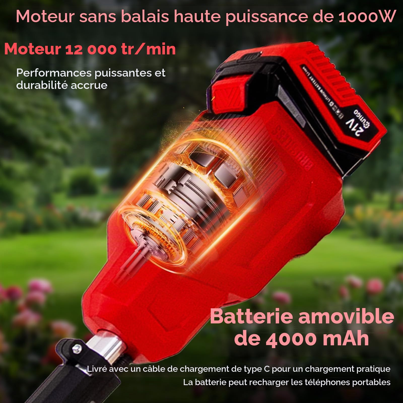 Outil Multifonctions sans Fil 4en1, Débroussailleuse - Tronçonneuse- Élagueuse - Taille-haie pour Le Jardinage, avec Batterie*1