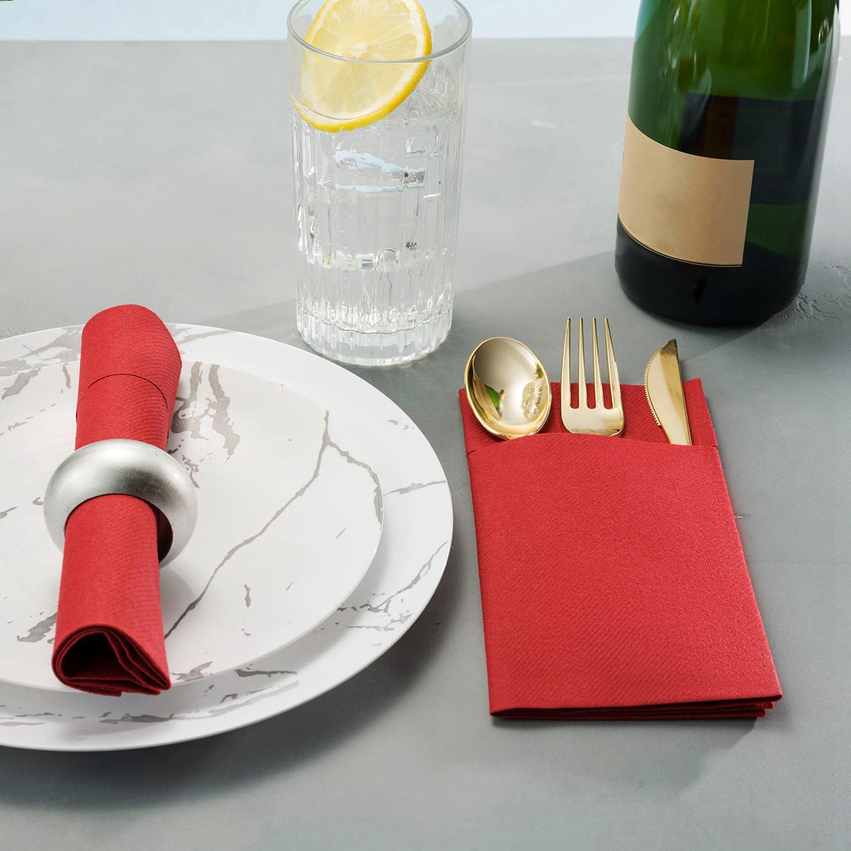 150 Servilletas Desechables con Bolsillo Integrado para Cubiertos, Tela Predoblada como Servilletas de Papel para Fiesta de Boda, Color Rojo