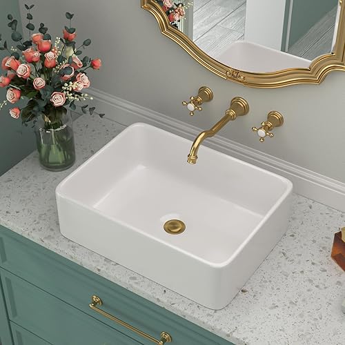 Miniatura 47 de Fregadero de baño de porcelana de cerámica rectangular de 24 x 14 pulgadas sobre mostrador, lavabo de arte blanco y negro Blanco