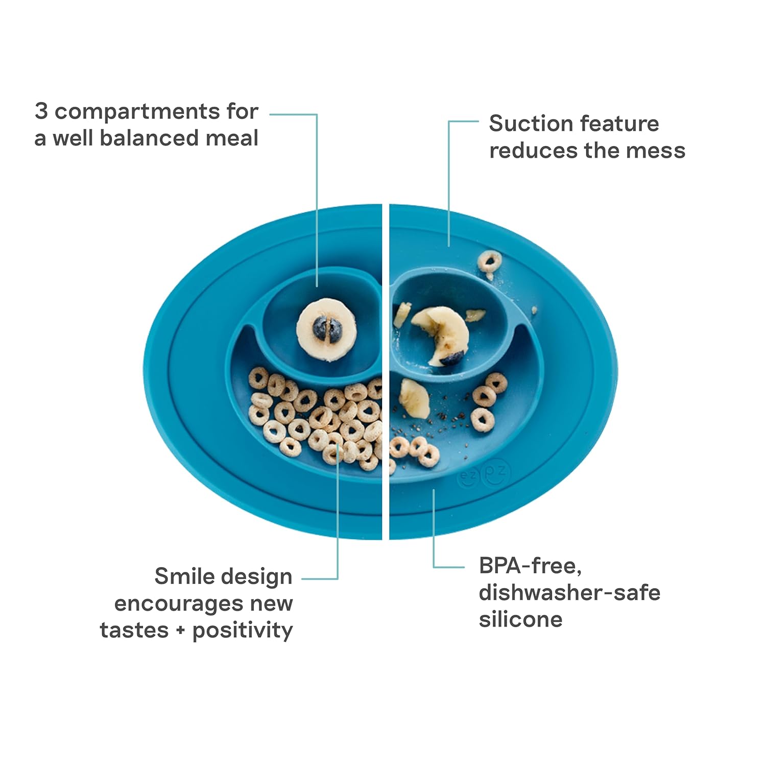 ezpz Mini Mat (Blue) - 6 -12 Months+ - 100% Silicone Suction Placemat + Divided Plate with Three Compartments - Supports Baby-Led Weaning - Designed for Highchair, Table, and Travel