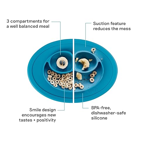 Miniatura 2 de ezpz Mini Mat (Azul) – 6 – 12 meses + – Mantel individual de succión 100% silicona + plato dividido con tres compartimentos – Apoya el destete
