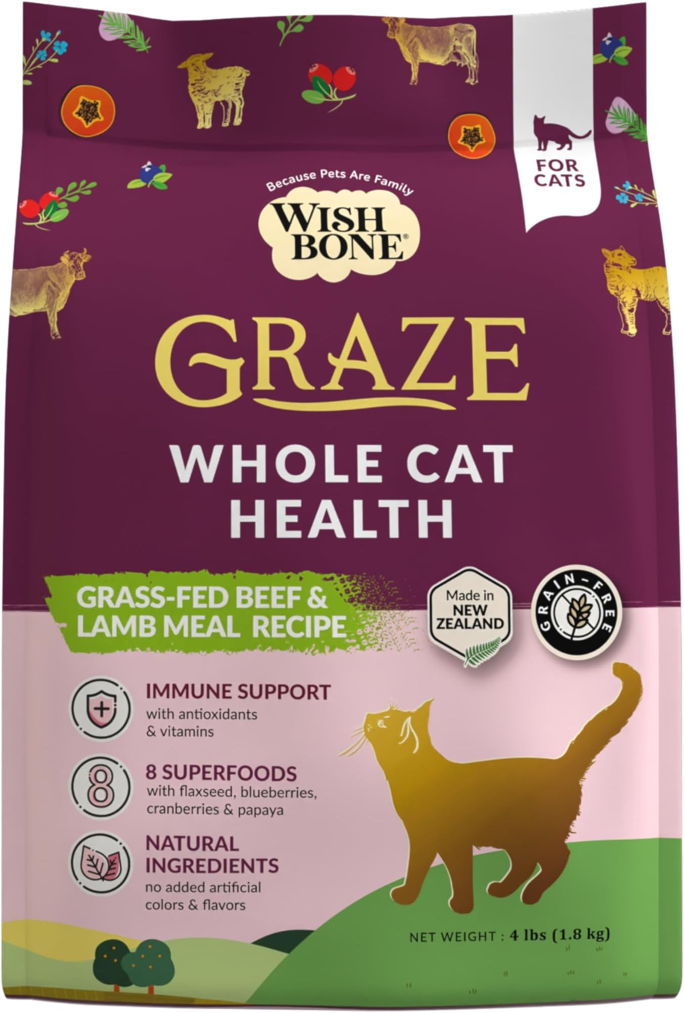Wishbone Graze New Zealand Beef and Lamb, Gluten Free, Grain Free Dry Cat Food, Premium Beef and Lamb Recipe Cat Food for Overall Pet Health - 4 lb
