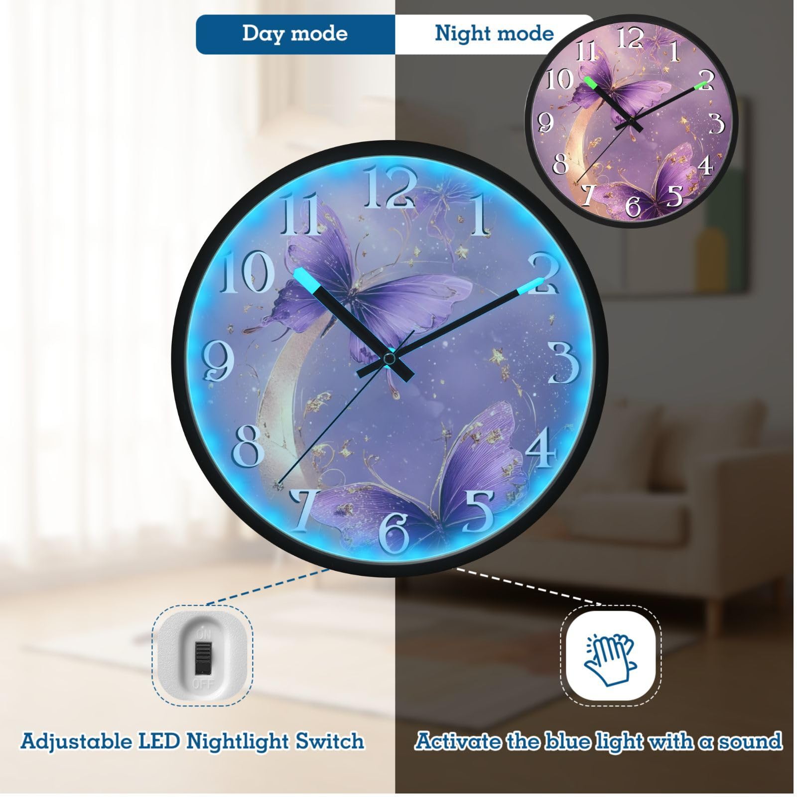 Mnsruu Reloj de pared luminoso con diseño de mariposas moradas y luna, funciona con pilas, reloj silencioso que brilla en la oscuridad, para sala de estar, cocina, 30,5 cm